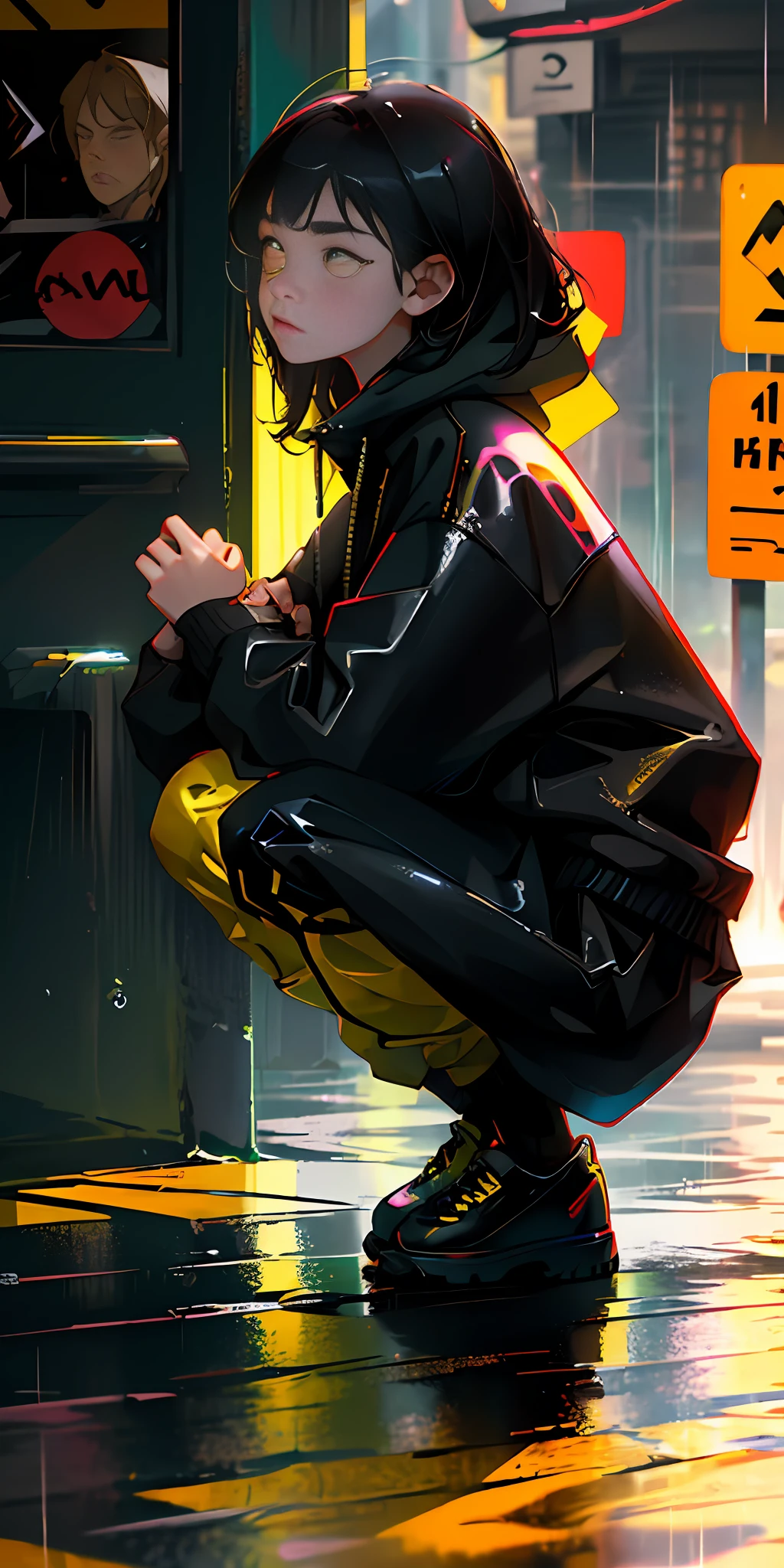 1 girl, square, yellow eyes, circles under the eyes, tired look, squatting on an abandoned street, black hoodie, black pants, black shoes, rain, downpour, dark colors, side view