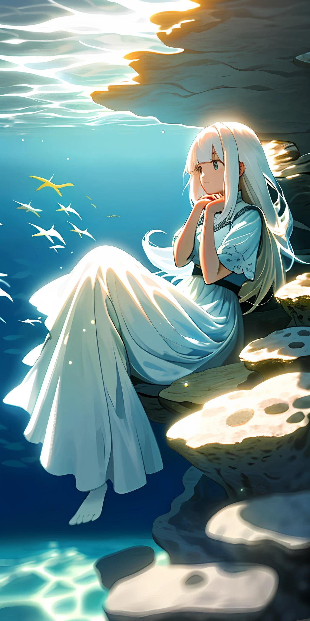 (Masterpiece, best quality), 1 long girl with white hair sitting on a reef in the middle of the sea, her hands under her chin, gentle looking, warm lighting, white dress, blurred foreground