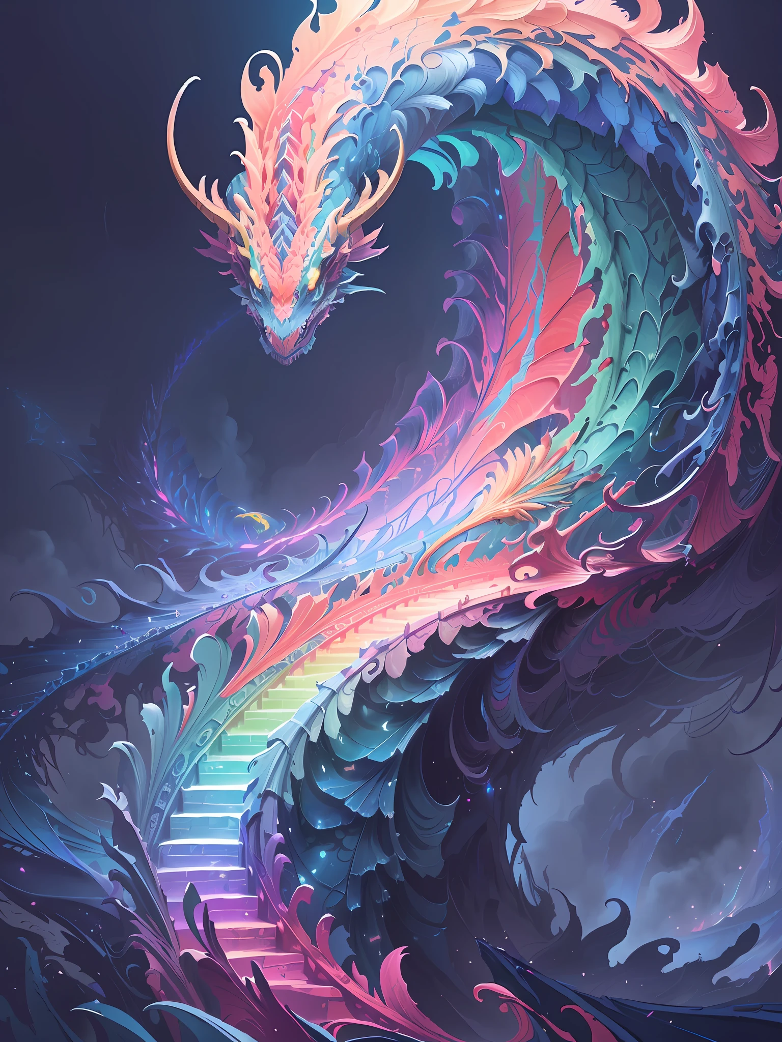 brightly colored dragon with a rainbow tail in a dark sky, intricate digital painting, detailed digital 2d fantasy art, detailed fantasy digital art, 4k highly detailed digital art, 8k high quality detailed art, dragon art, 4k detailed digital art, intricate fantasy painting, vibrant fantasy style, digital 2d fantasy art, colorfull digital fantasy art