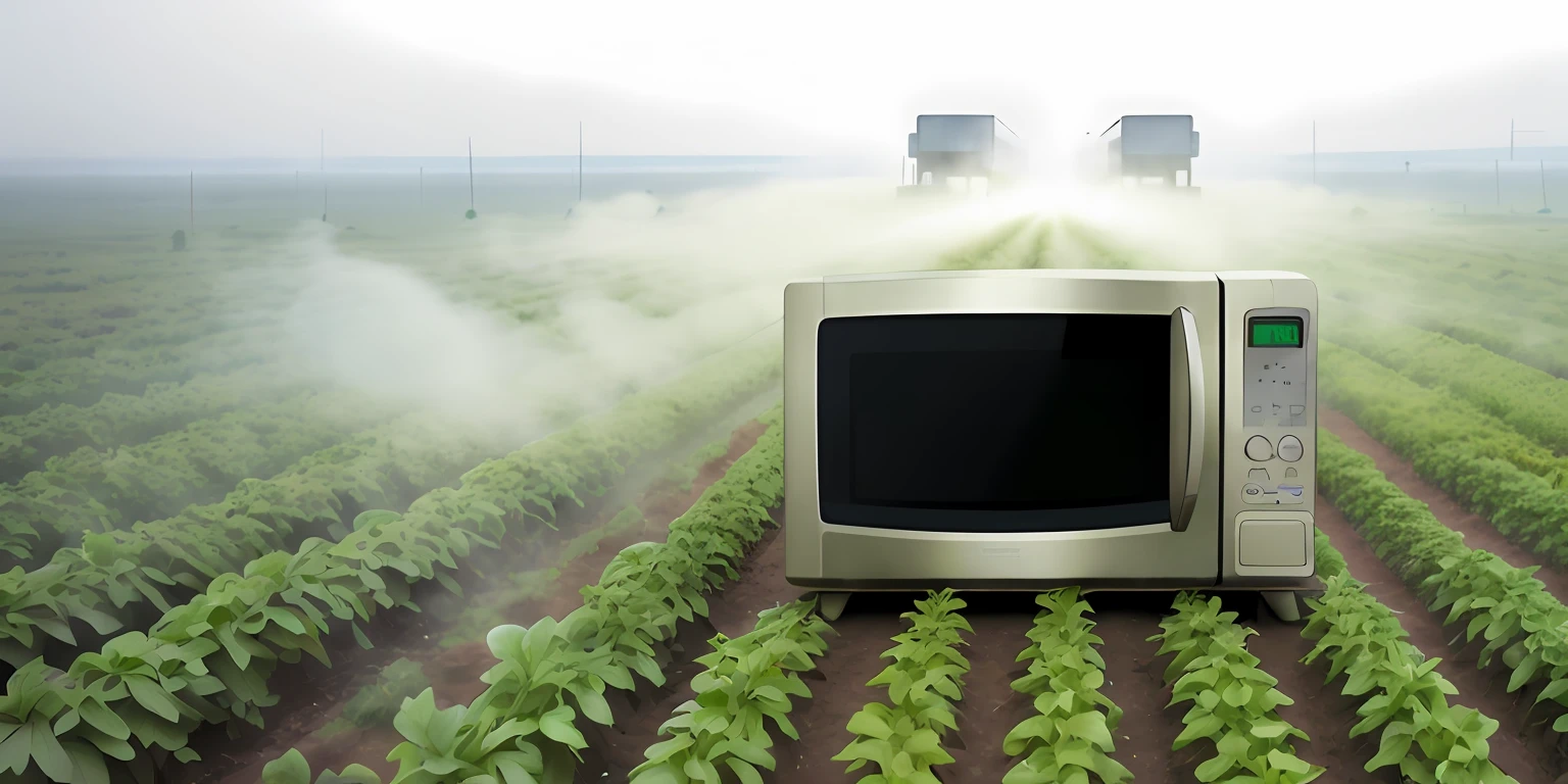 Microwave oven in the middle of a lettuce plantation with a lot of fog
