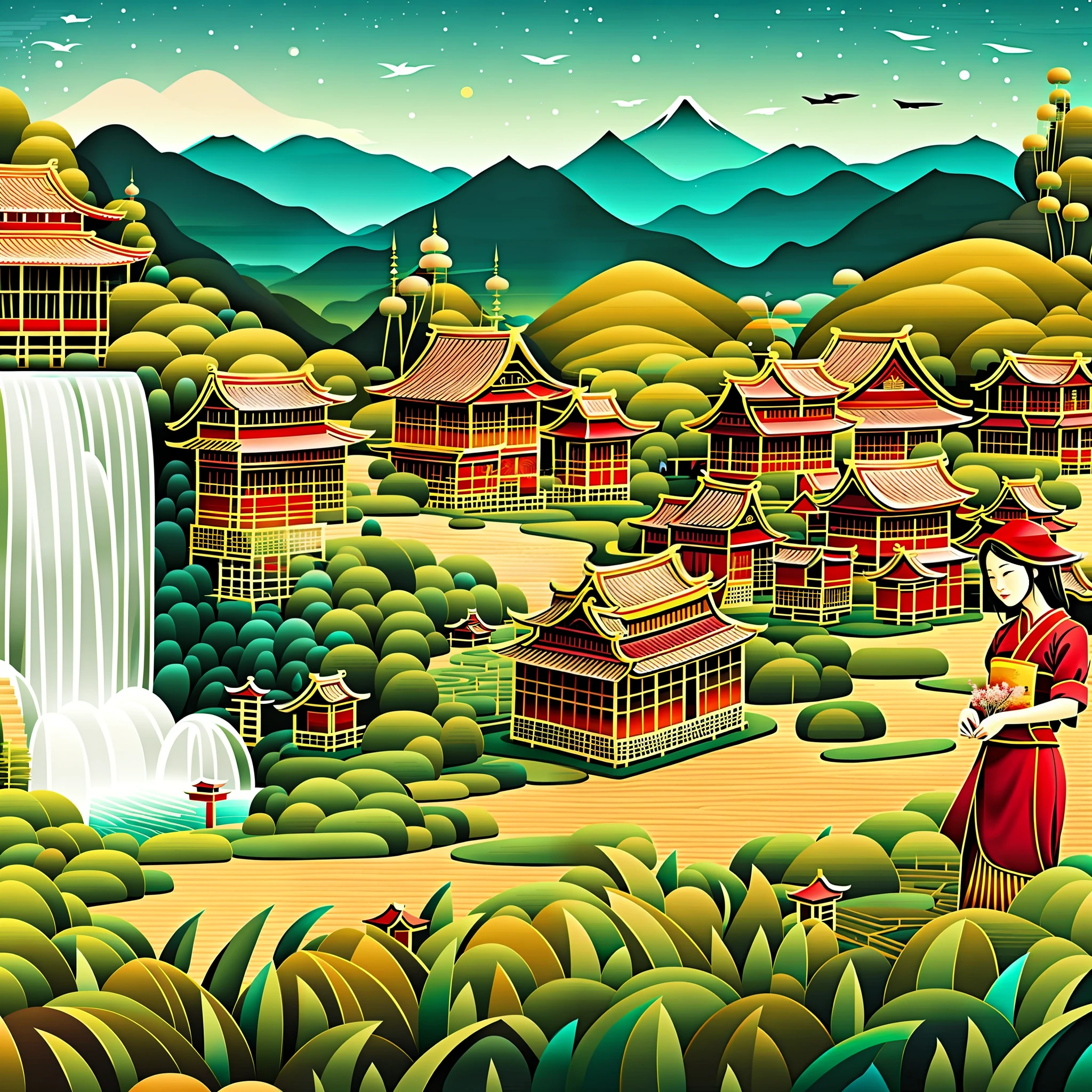 a painting of a woman in a red dress standing in front of a waterfall, chinese village, japanese village, old asian village, a beautiful artwork illustration, assam tea village background, japanese town, by Ju Lian, japanese rural town, artwork in style of sheng lam, scenery artwork, scenery art detailed, dreamland of chinese, rural japan, full color illustration