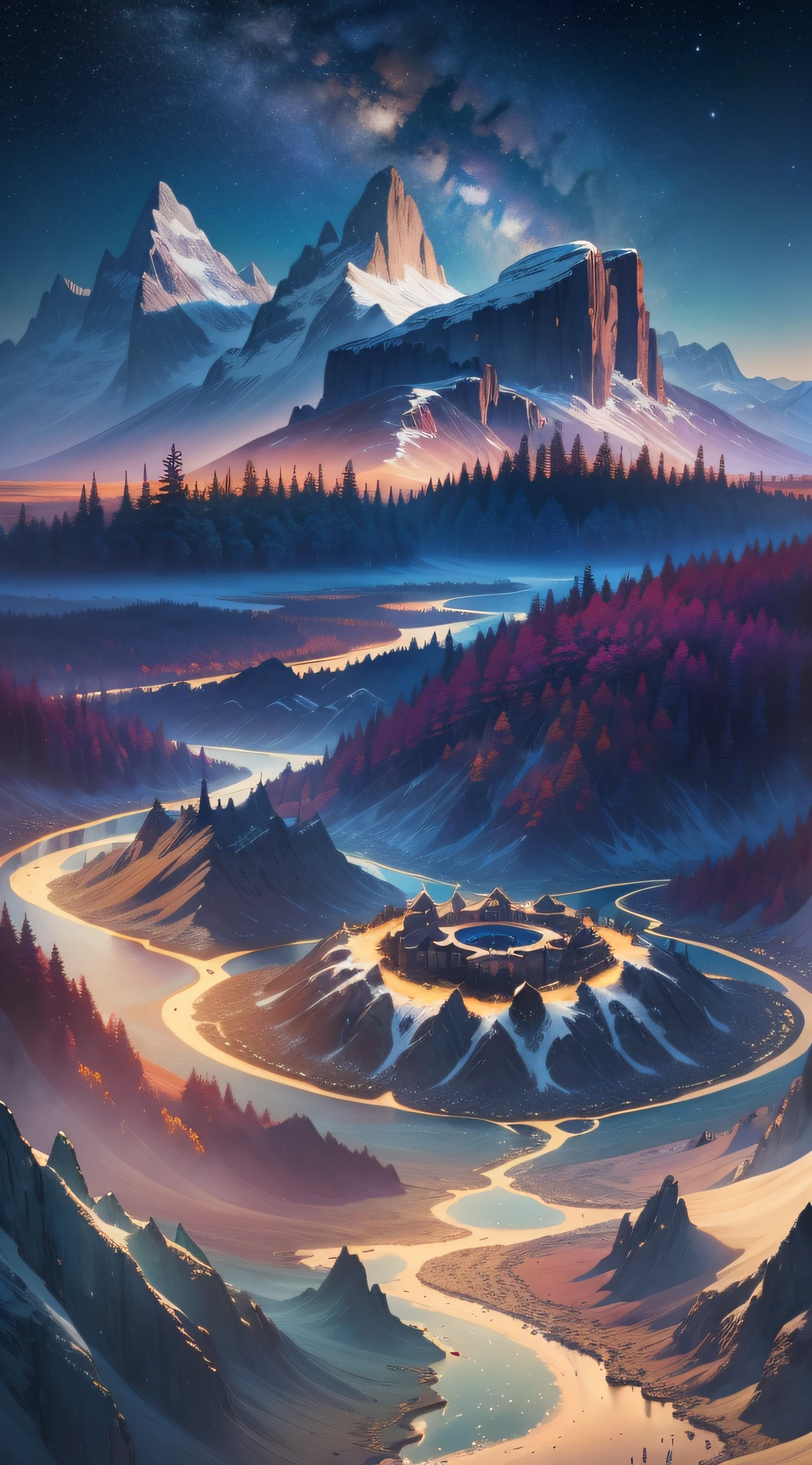 Starry night landscapes, lakes, mountains and exquisite digital artwork, 4K HD details, 8K high-quality details, the main creators Jen Bartel, Dammanford, Albert Bierstadt, Thomas Kincaid, Anton Fedev, through high-quality, high-detail digital images, present a grand and spectacular, infinite reverie blueprint.