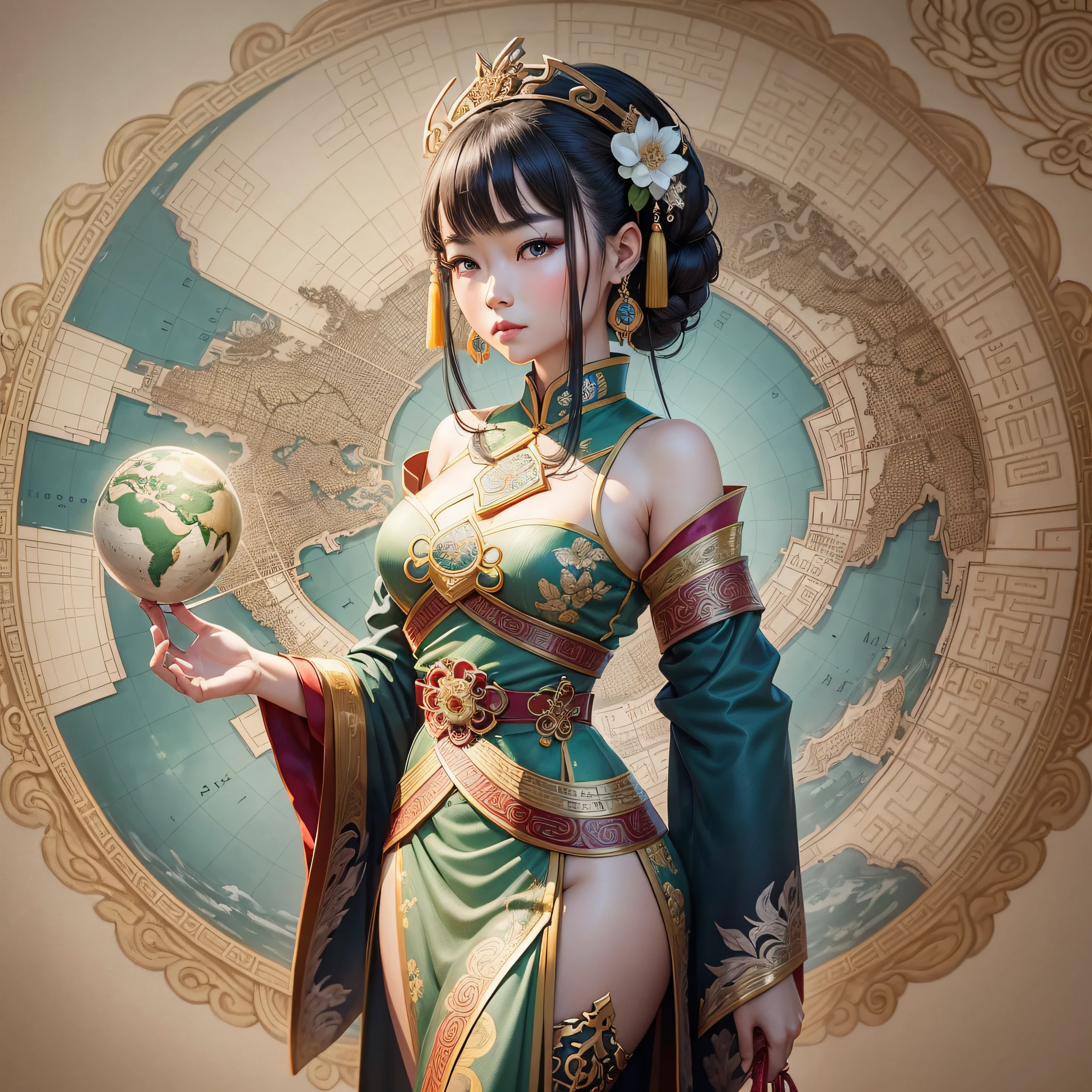 This map anthropomorphic figure dressed in Hanfu is a quiet and mysterious being. She wears a sumptuous Han costume that blends traditional Chinese ribbons, jade beads and gold thread, shining with brilliant brilliance. Her clothes are like a waterfall, showing elegance and majesty in the flight.

Her hair was coiled and embellished with gold ornaments and flowers, and she wore elaborate headdresses on her head, adding to her majesty and dignity. Her face is as white as jade, and there is a hint of wisdom and mystery between her eyebrows.

Her figure is tall and elegant, and her body blends the shape and geographical features of a map of China. Her cuffs and hems are outlined with the lines of rivers and mountains, showcasing the grandeur and diversity of China's geography. The body lines are smooth and elegant, as if integrated into the natural landscape of China.

The anthropomorphic map figure holds a delicate globe that meticulously maps the continents and countries of the earth, as well as the lines of longitude and latitude as well as geographical features. By gently touching the surface of the globe, she demonstrates her in-depth knowledge and love of global geography.

She wears a string of jade beads carved with traditional Chinese architecture and natural landscapes, symbolizing the importance of China's geography and culture. The light of the jade pearl shimmers with the treasures of history, showing the ancient and rich cultural heritage of China.

Her presence encourages the exploration of Chinese geography and respect for Chinese culture, and she represents geographical knowledge and Chinese wisdom. The anthropomorphic map image stimulates people's curiosity and cultural exploration of various places in China, and promotes exchanges and cooperation across China.

This image shows us the combination of maps and traditional Chinese culture, showing an ancient and far-reaching charm in the fusion of geography and culture. She is the embodiment of maps, encouraging people to increase their knowledge and understanding of China's geography and culture, and promoting China's prosperity and people-to-people exchanges. --auto --s2