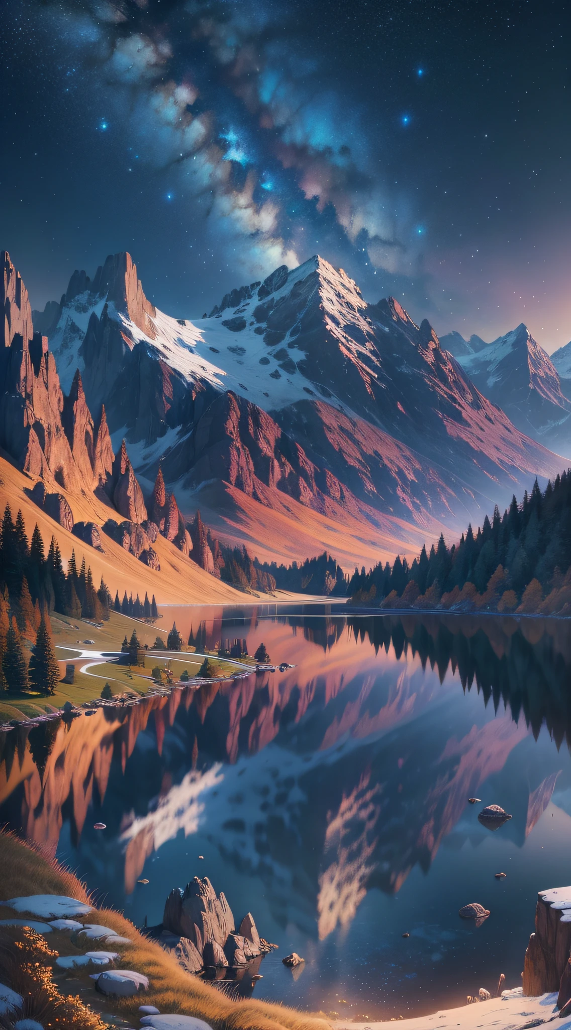 Starry night landscapes, lakes, mountains and exquisite digital artworks, HD details, 8K high-quality details, the main creators Jen Bartel, Dammenford, Albert Bierstadt, Thomas Kincaid, Anton Fedev, through high-quality, high-detail digital images, present a grand and spectacular, infinite reverie blueprint.