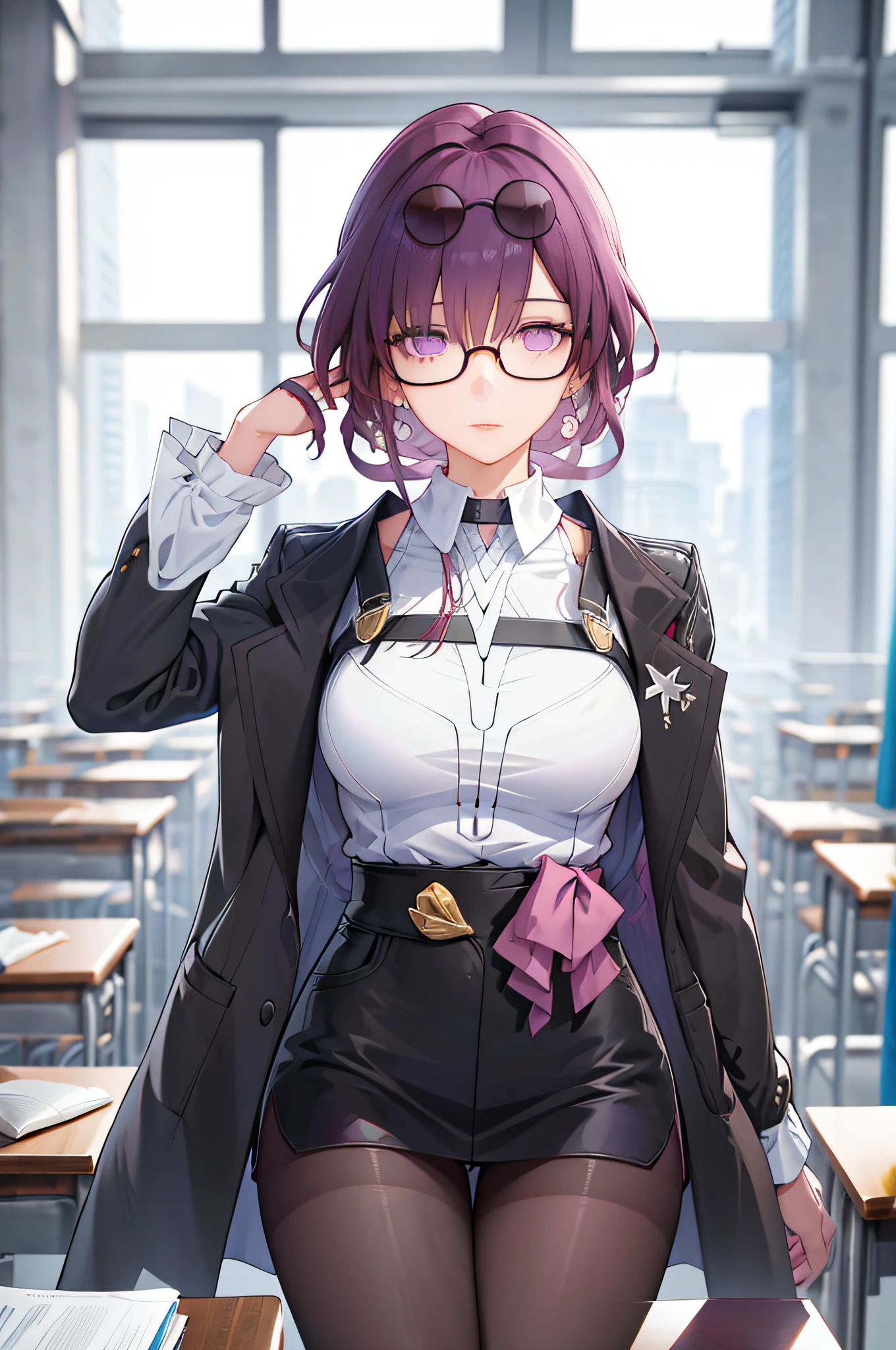 Masterpiece, Essential: 1girl, skinny, big breasts, official, school uniform, pantyhose, glasses on the head, purple eyes, empty eyes, earrings, classroom, desk, textbook, blackboard, window