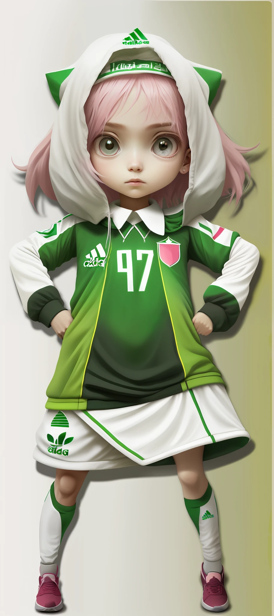 Pale pink hair. adidas logo. Algerian flag