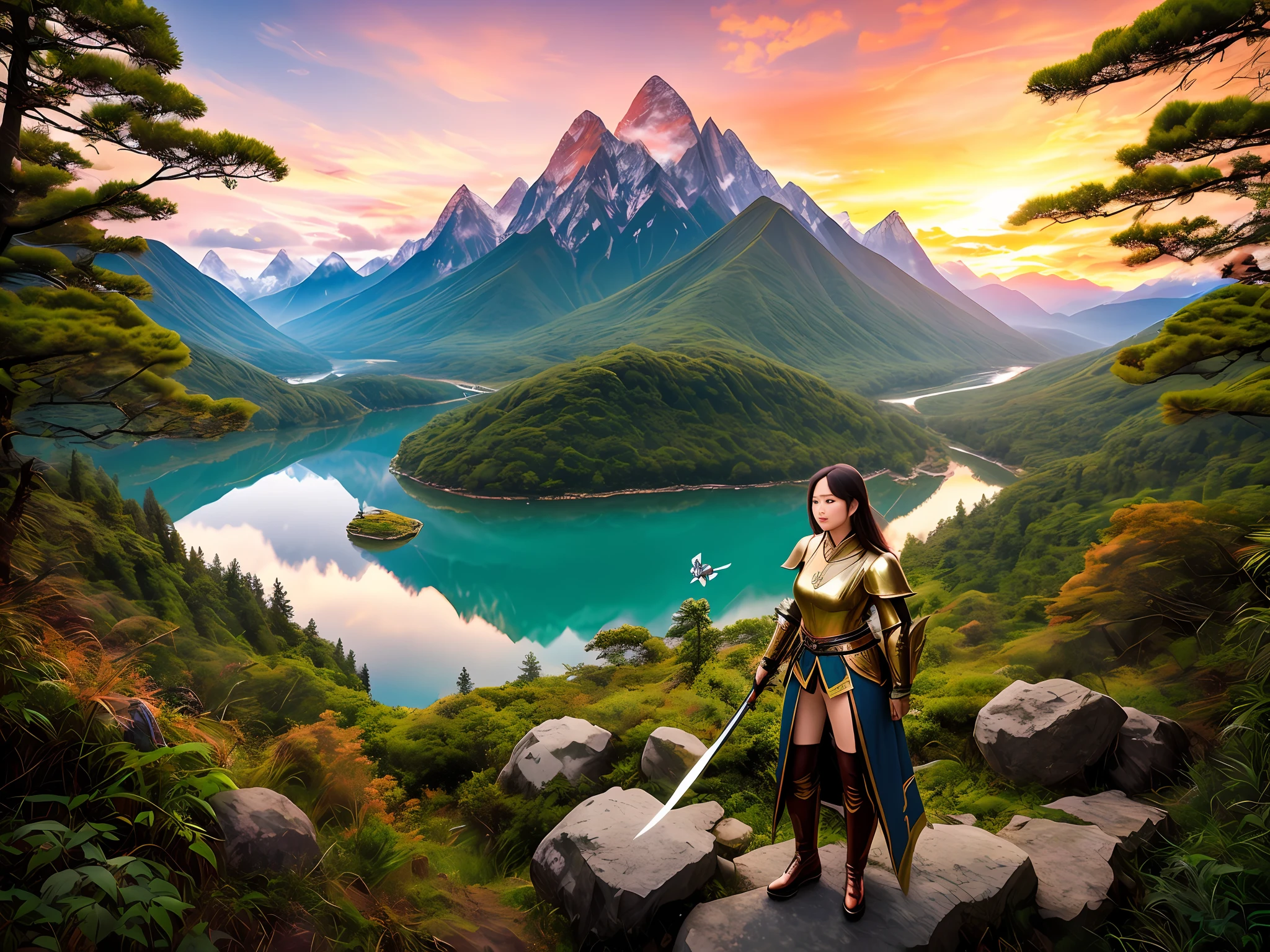 (Asian woman 32 years old) dressed, shiny armor, metallic, holding a machete, fanciful landscape, mountains top in the clouds, realistic photo 8k, sexy avantajada, long hair, split in half, sunset in a forest with colorful trees