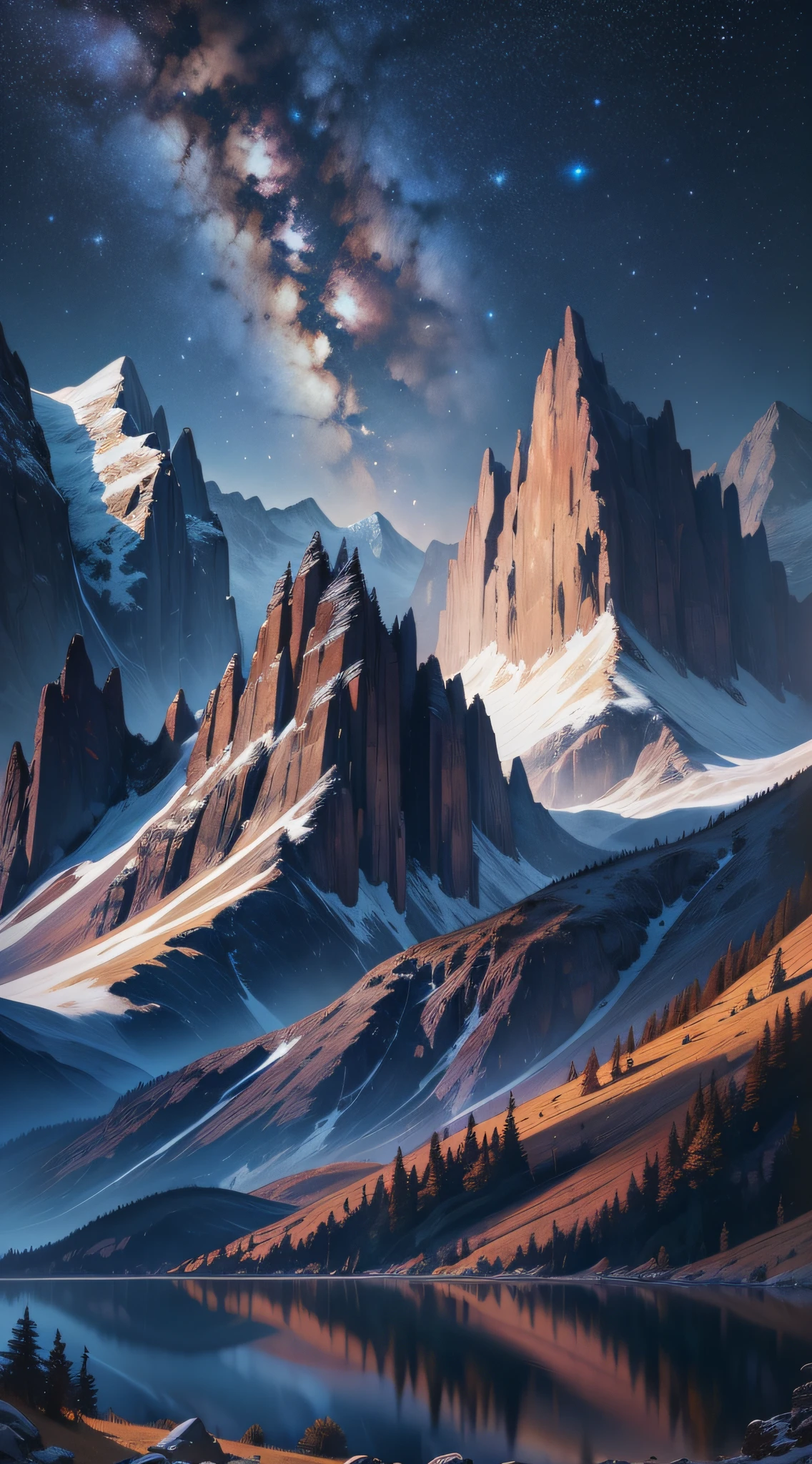 Starry night landscapes, lakes, mountains and exquisite digital artworks, HD details, 8K high-quality details, the main creators Jen Bartel, Dammenford, Albert Bierstadt, Thomas Kincaid, Anton Fedev, through high-quality, high-detail digital images, present a grand and spectacular, infinite reverie blueprint.