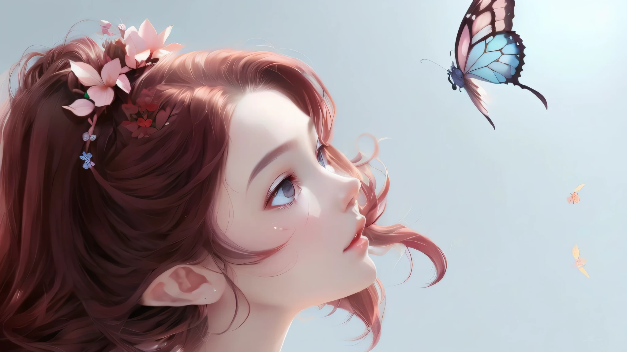 Anime girl with butterfly in hair and flower in hair, Guvez style artwork, beautiful character painting, exquisite digital illustration, beautiful artwork illustration, beautiful digital artwork, Li song, beautiful digital painting, backlight, Tyndall effect, delicate eyes, delicate facial features, detailed background, background details
