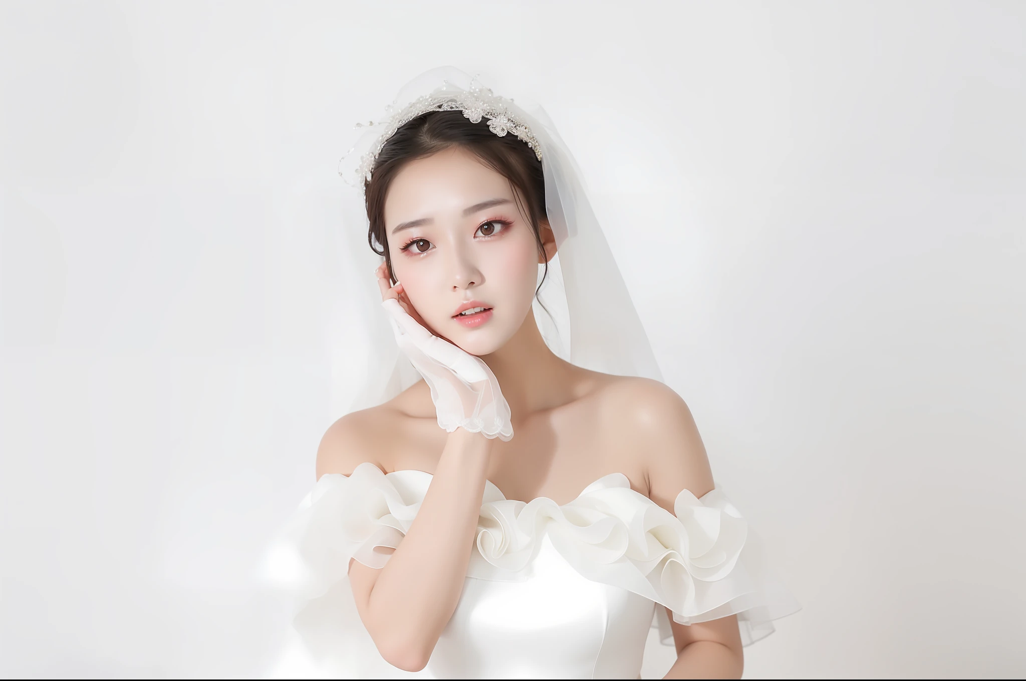 there is a woman in a wedding dress posing for a picture, bride, veil, wearing a wedding dress, white satin gloves, heonhwa choe, white transparent veil, beautiful young korean woman, korean woman, milky white skin, with professional makeup, white background : 3, beautiful south korean woman, a beautiful woman in white, gorgeous young korean woman --auto --s2