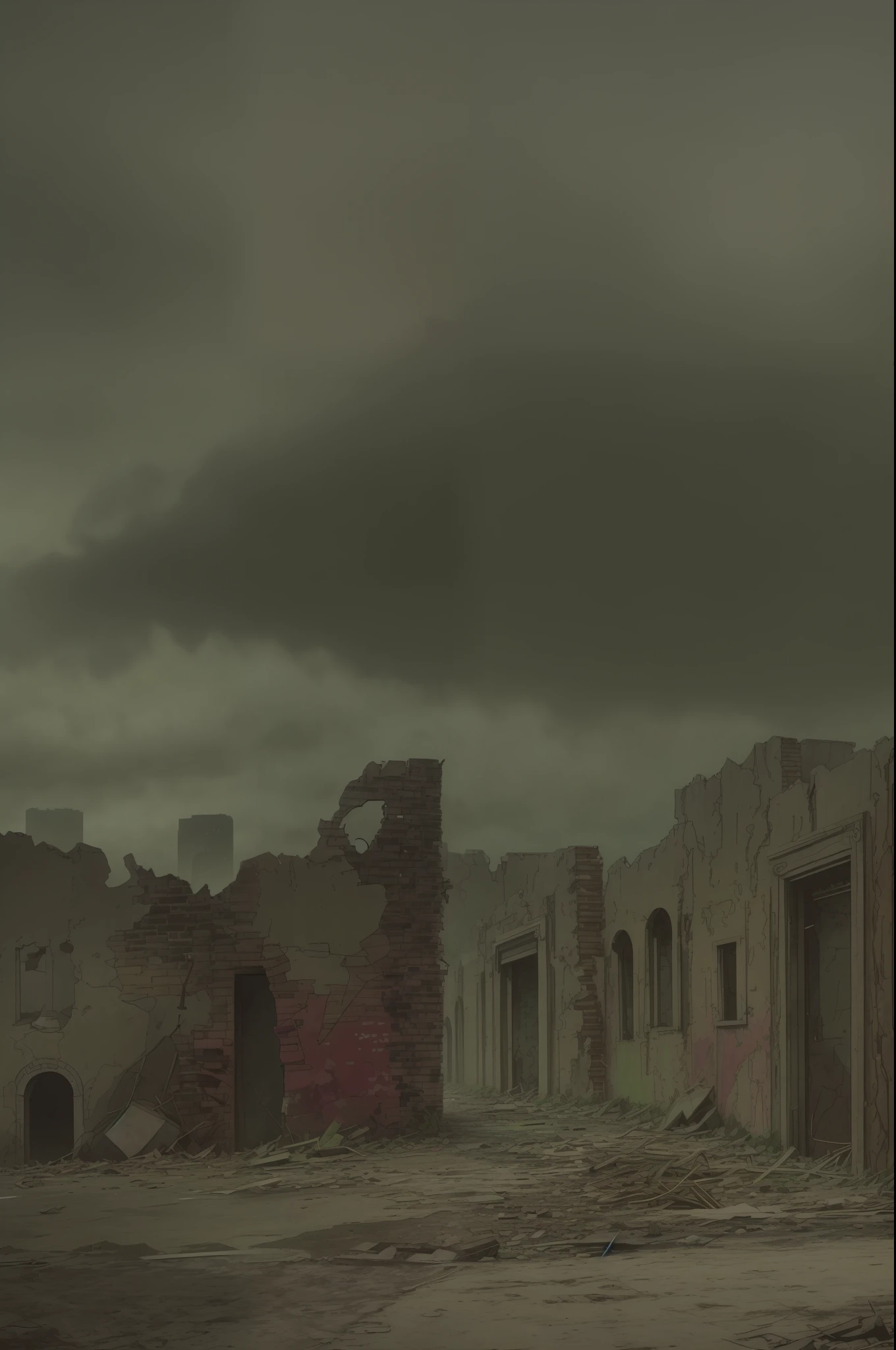 There is a picture of a city, in a ruined cityscape, destroyed cityscape, outdoor ruined cityscape, a city in ruins in the background, a post-apocalyptic city, a post-apocalyptic view, a destroyed city, an apocalyptic city, a ruined city in the background, An abandoned dystopian city, gloomy, with a wall with a door at the end,