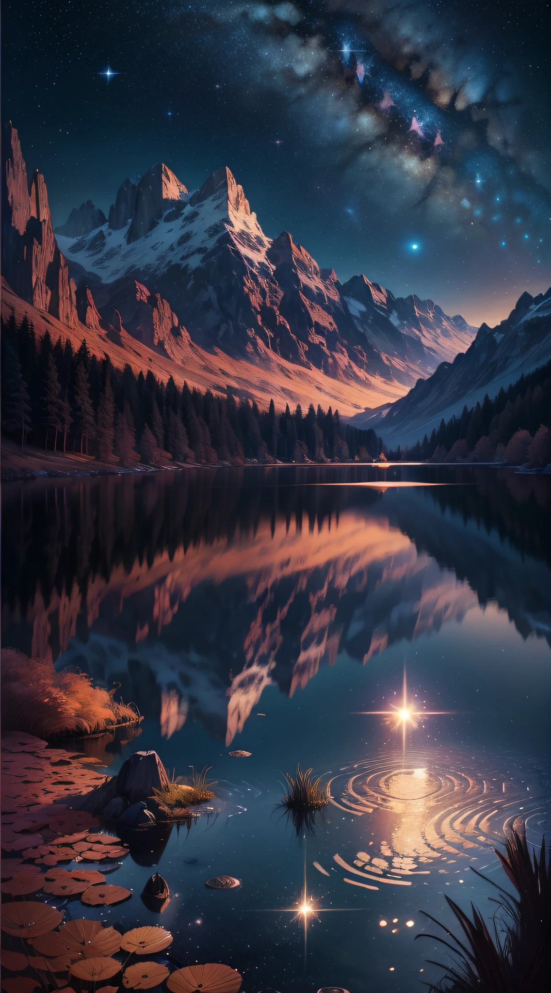 (Starry Night Landscape, Lake, Mountains, Digital Art, Masterpiece, 8K HD Detail, Jen Bartel, Dammenford, Albert Bierstadt, Thomas Kincaid, Anton Fadeev, Spectacular, Long and Far Future, Shimmer, Rich Detail, Excellent Light and Shadow: 1.2)