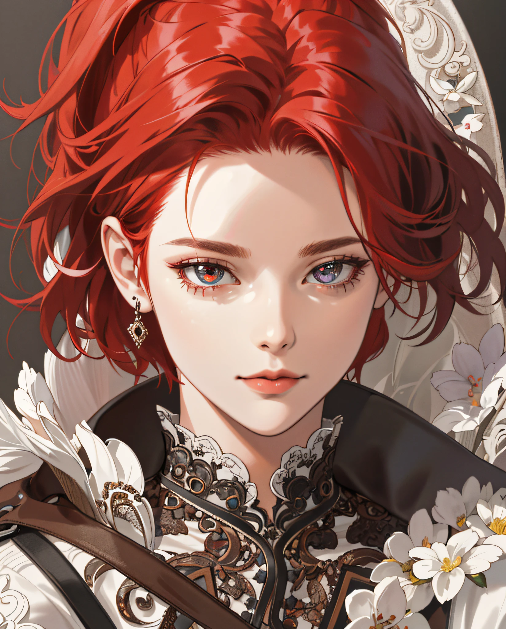 (absurd, highres, ultra detailed), 1girl, mature woman, intricate details, enlarged textures, intricate details, finely detailed eyes and detailed face, intricate details, red hair, (closed mouth), perfect eyes, matching eyes