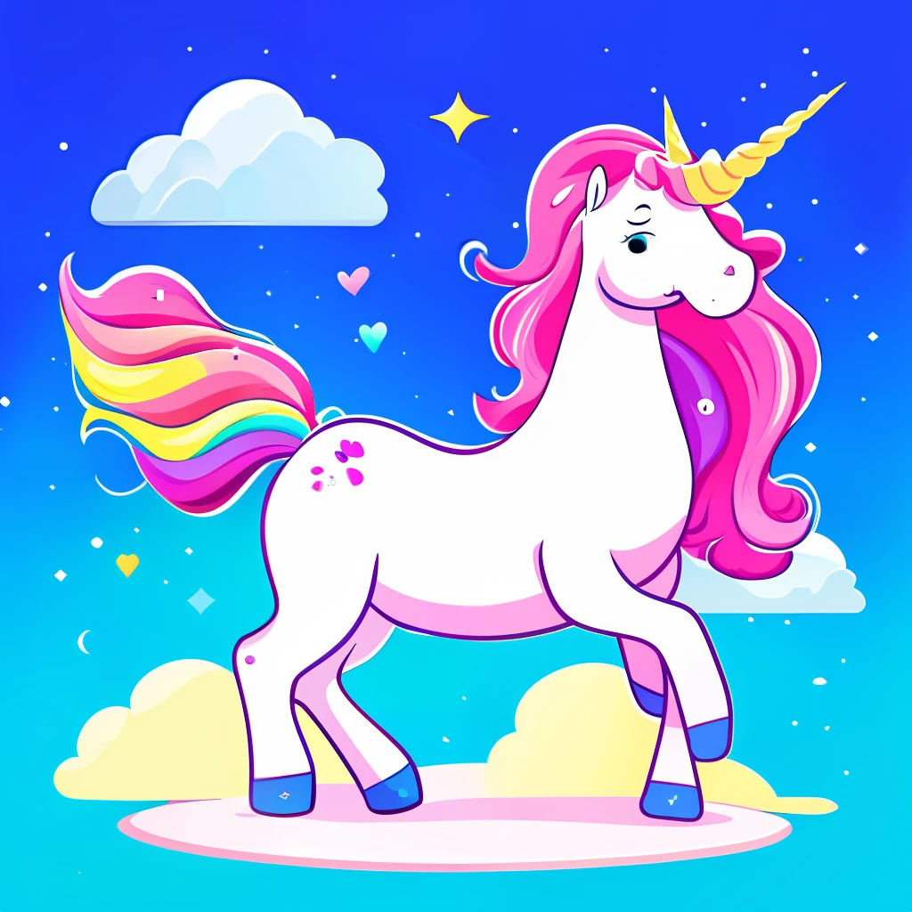 A cartoon-style unicorn with a vibrant pink mane and a golden horn. The artwork is a beautiful digital painting, with minute details and an artistic representation in high quality. In addition, the unicorn can be rendered in 3D to create a three-dimensional image. The character is adorable and features a kawaii portrait, conveying a sense of cuteness. The unicorn is depicted as a white animal, adding a touch of purity to the art. The image is a charming representation of a cartoon character.
