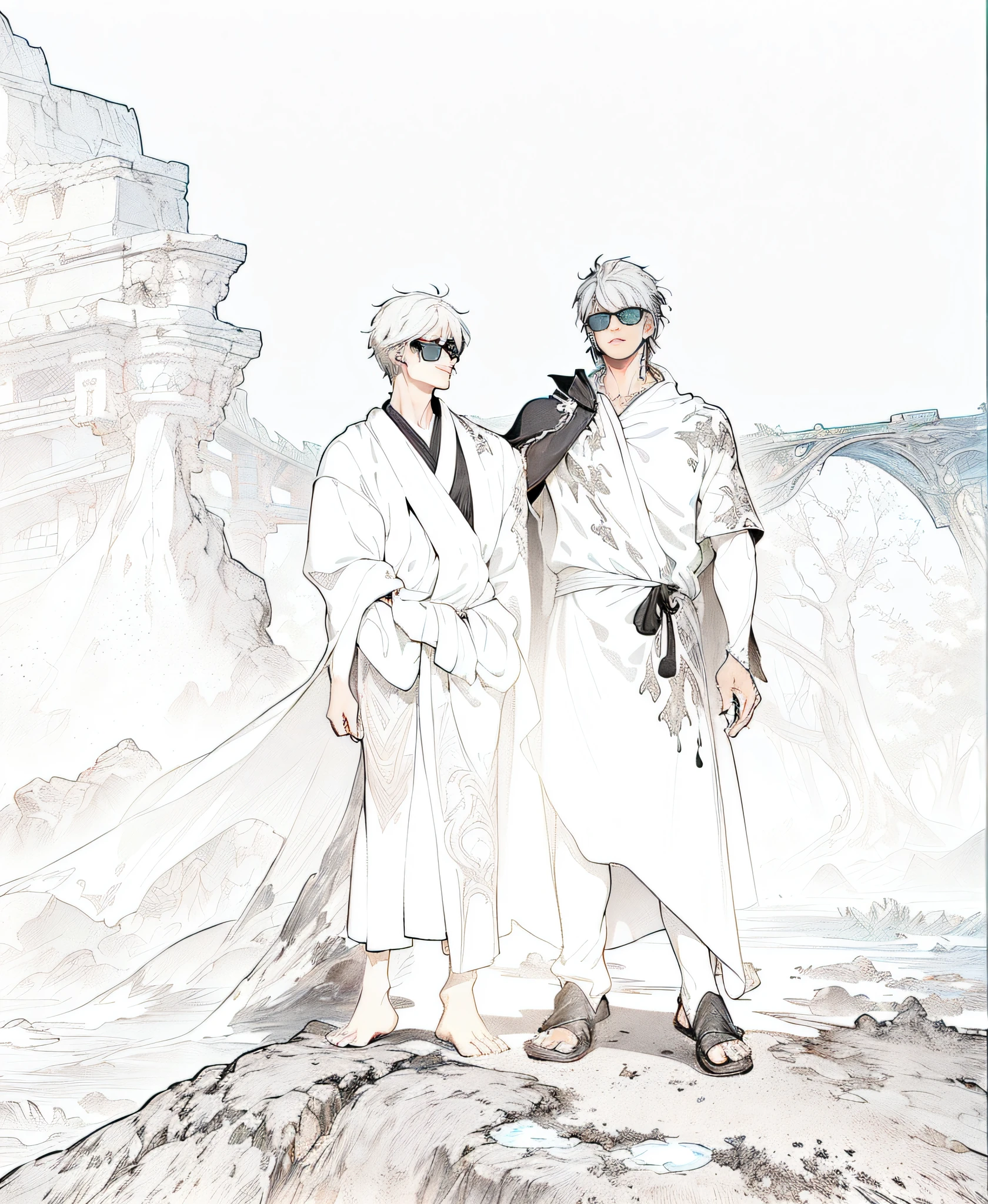 Two men with sunglasses standing next to statues, fantasy world, dark background, clean design, epic Instagram, artstation, colorful paint splash, silhouette, ultra-detailed intricate details, Unreal Engine, fantasy, intricate details, splash screen, complementary colors, fantasy concept art, 8k resolution, deviantart masterpiece, oil painting, heavy stroke, paint dripping, (isolated on white background: 1.3), rainbow skin, ((( Handsome young man))), ((teenage:1.5)), (glowing blue eyes), ((eyes have light)), (short white hair: 1.1))), ((black), (prince \\(indifferent expression\\),, (((wearing high-detail luxury black robe))), white hair, frost magic, --v 6
