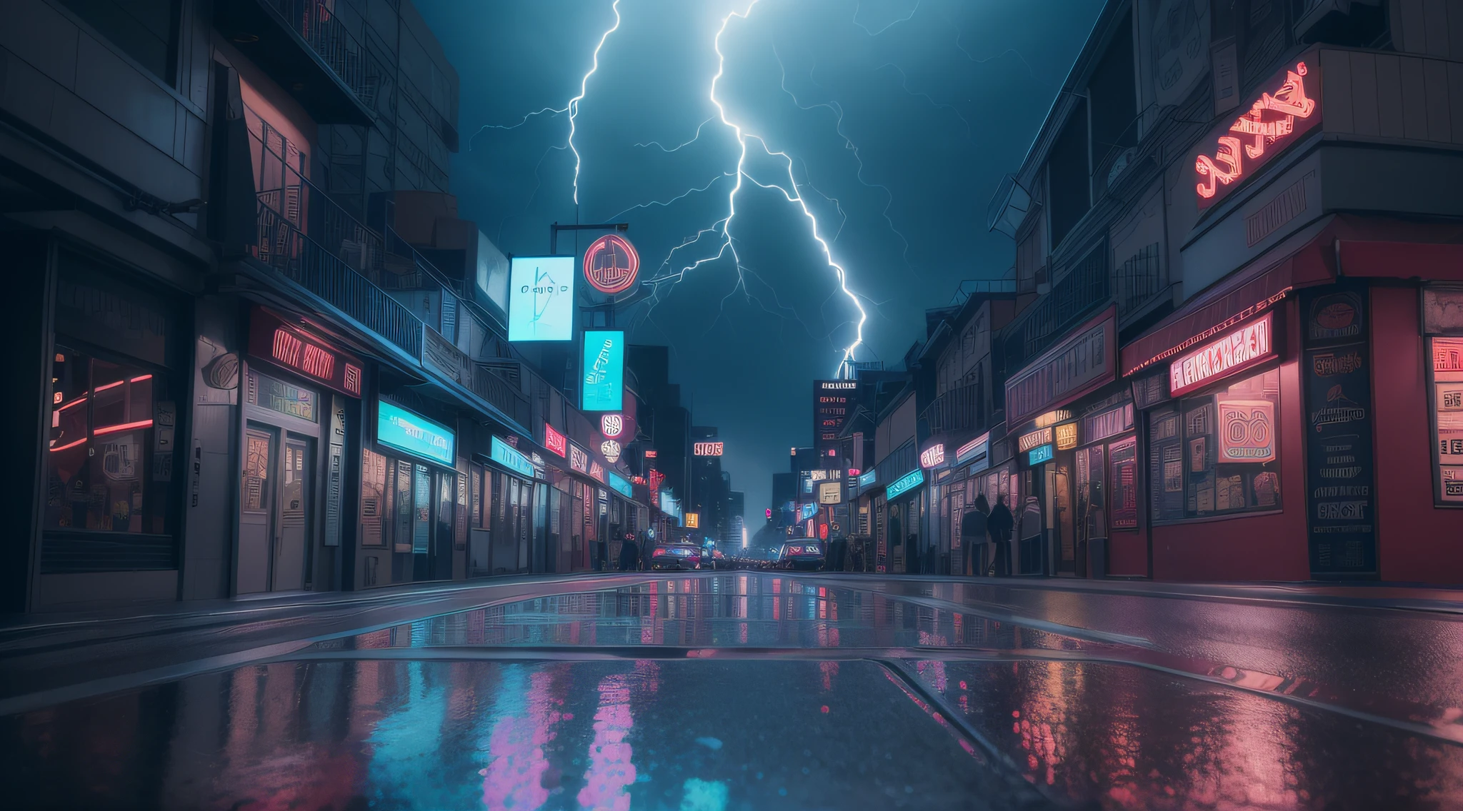 scenery, a highly detailed portrait of a corner, during a storm with lightning and an overcast sky, neon and cyberpunk background, bright, people on the street and reflection on the ground backlight, masterpiece, best quality, intricate details, absurdities, chromatic aberration, depth of field, professional photography, soft lighting, mapped tone, highly detailed, sharp focus, dramatic lighting, intricate details, cinematic, 8K, amazing shadows, realistic