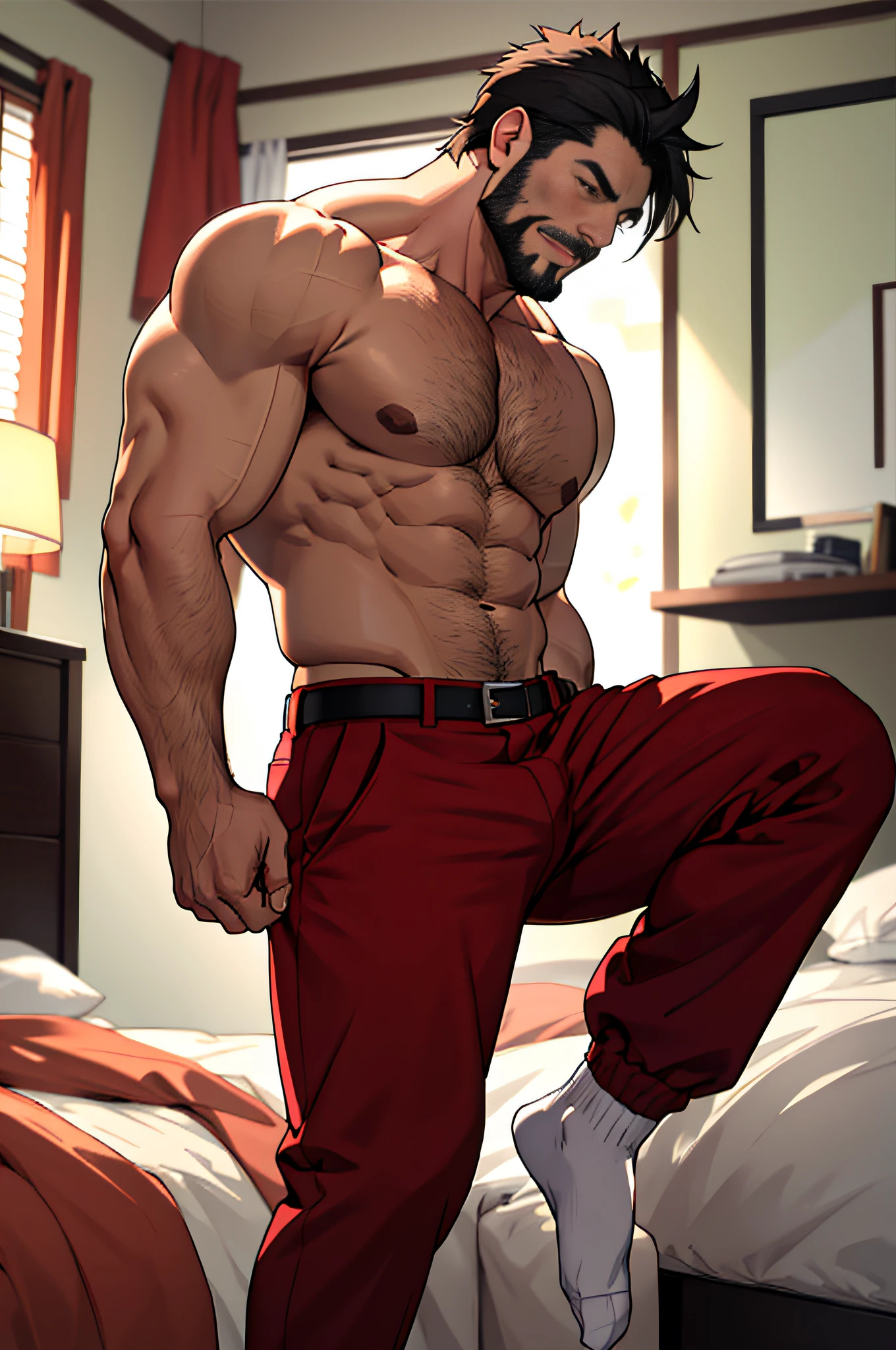 Mature man, best qualities, japanese, husband, dad, energetic, only red pants belt and black panties, white socks, bad bad, masterpiece, super high resolution, detailed background, reality, illustration, single, 1 boy, muscle man, beard, single man's bedroom, muscles, facial hair, volumetric lighting, depth of field, wheezing, raised crotch, handsome movements, big dynamics