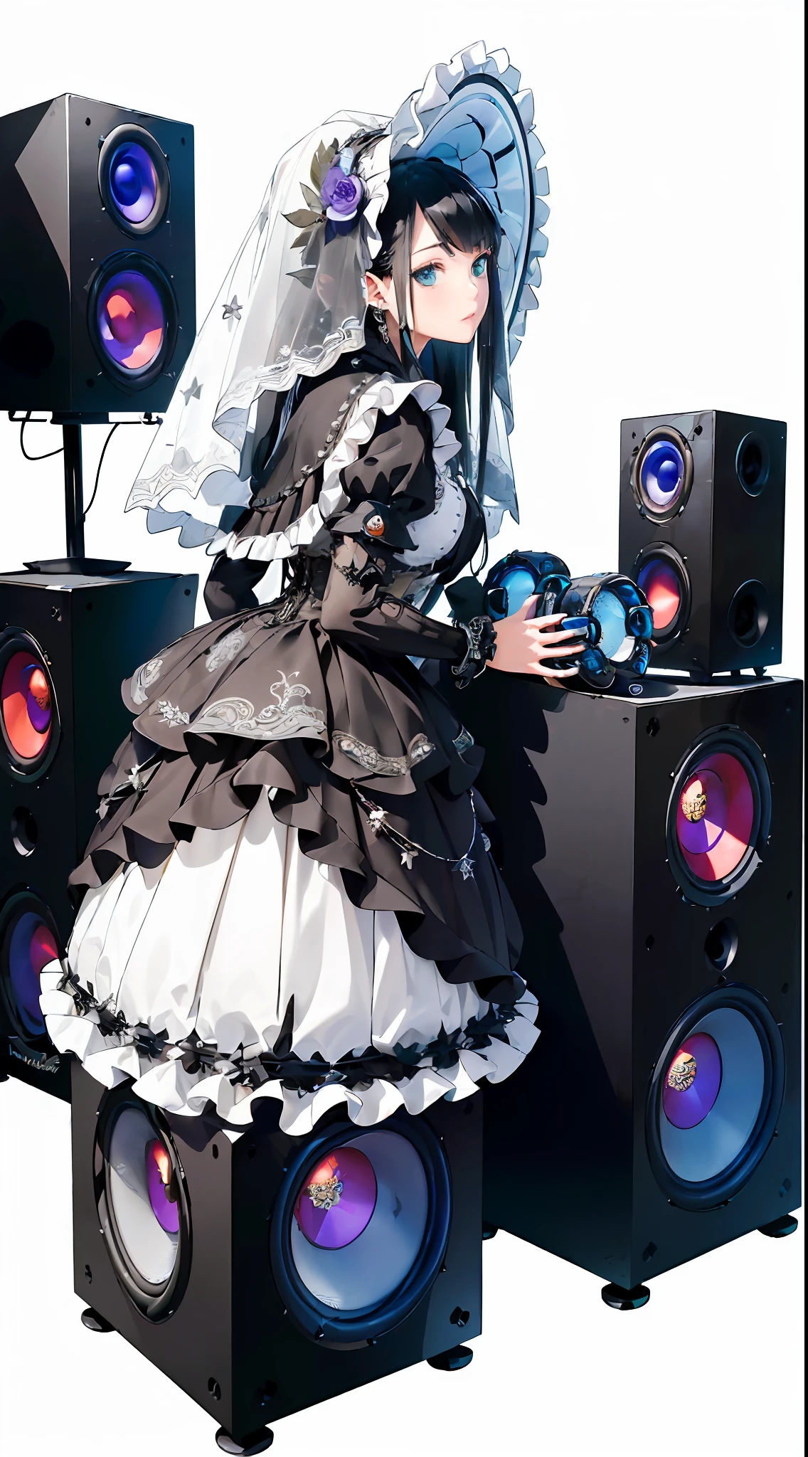 (Maximalism:1.8), vivid contrast,(typography:1.3),
BREAK
//quality and char
(realistic:0.5), super photo realistic illustration, highres, ultla detailed, absurdres, (action pose, open pose, full body:1.2),
extremely beautiful machine lady (decorated with many round speakers holding huge speaker:2.0), butterfly wings (decorated with many round speakers:2.0),
(composite many dense round machines:2.0),
(composite many dense round machines:2.0),
(composite many dense round machines:2.0),
BREAK
(mechanical gothic girl dress decorated many speakers and jewelries, ultra detailed embroidery dress, mechanical goth, mechanical gothic lorita, frills, frills, frills, mechanical white lace veil, gothic bonnet decorated many speakers:1.8),
(mechanical gothic girl dress decorated many speakers and jewelries, ultra detailed embroidery dress, mechanical goth, mechanical gothic lorita, frills, frills, frills, mechanical white lace veil, gothic bonnet decorated many speakers:1.8),
(mechanical gothic girl dress decorated many speakers and jewelries, ultra detailed embroidery dress, mechanical goth, mechanical gothic lorita, frills, frills, frills, mechanical white lace veil, gothic bonnet decorated many speakers:1.8),
BREAK
(holding many composite mechanical round speakers and woofers, huge heavy weapons:2.0),
(holding many composite mechanical round speakers and woofers, huge heavy weapons:2.0),
(holding many composite mechanical round speakers and woofers, huge heavy weapons:2.0),
BREAK
beautiful long hair blowing in air, hair ornaments with jewelries and light chains,
amethyst, lapis lazuli, emerald, turquoise, sapphire, topaz,
(from side:1.3),(god bless you:1.5),
compassionate expression, empathetic, caring, kind,
content expression, satisfied, pleased, gratified,
thoughtful expression, pensive, reflective, contemplative,
determined expression, resolute, purposeful, firm,
anxious expression, worried, uneasy, apprehensive,
BREAK
(white background:1.5),
flower petals, colorful flower