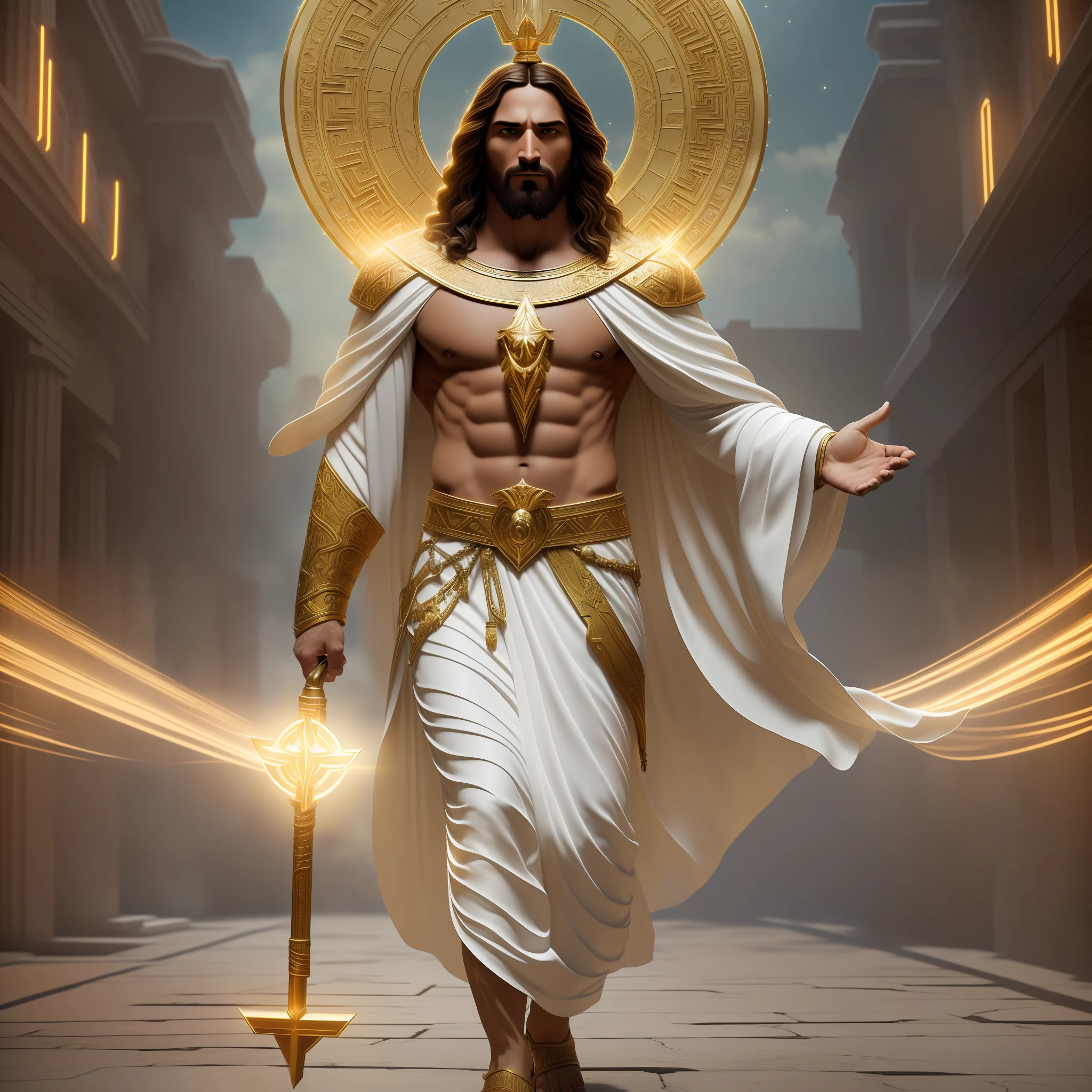 (Jesus is happy and carries a scepter in the shape of Hermes' Caduceus, Jesus wears a golden crown on his head, Jesus is dressed as a powerful Greek god in a white robe, Jesus walks in a futuristic city square during dawn, Jesus is smiling and holds a bird with his perfectly detailed human hand), ((masterpiece,  high quality, 8K, high resolution, detailed part, realistic, full body front view, cinematic lighting, bio-luminescent filter))