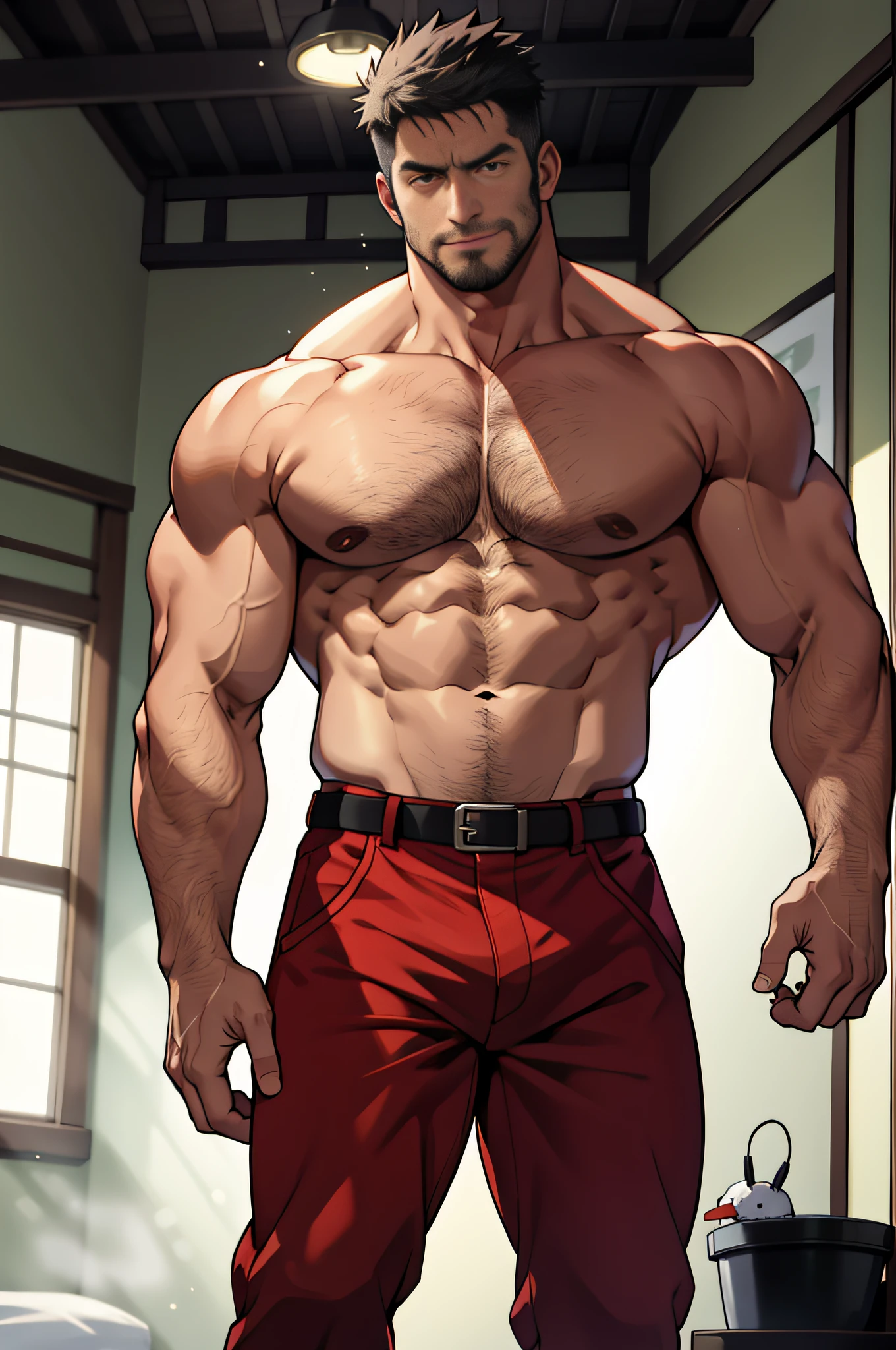 Mature man, best qualities, japanese, husband, dad, energetic, only red pants belt and black panties, white socks, bad bad, masterpiece, super high resolution, detailed background, reality, illustration, single, 1 boy, muscle man, beard, single man's bedroom, muscles, facial hair, volumetric lighting, depth of field, wheezing, raised crotch, handsome movements, big dynamics