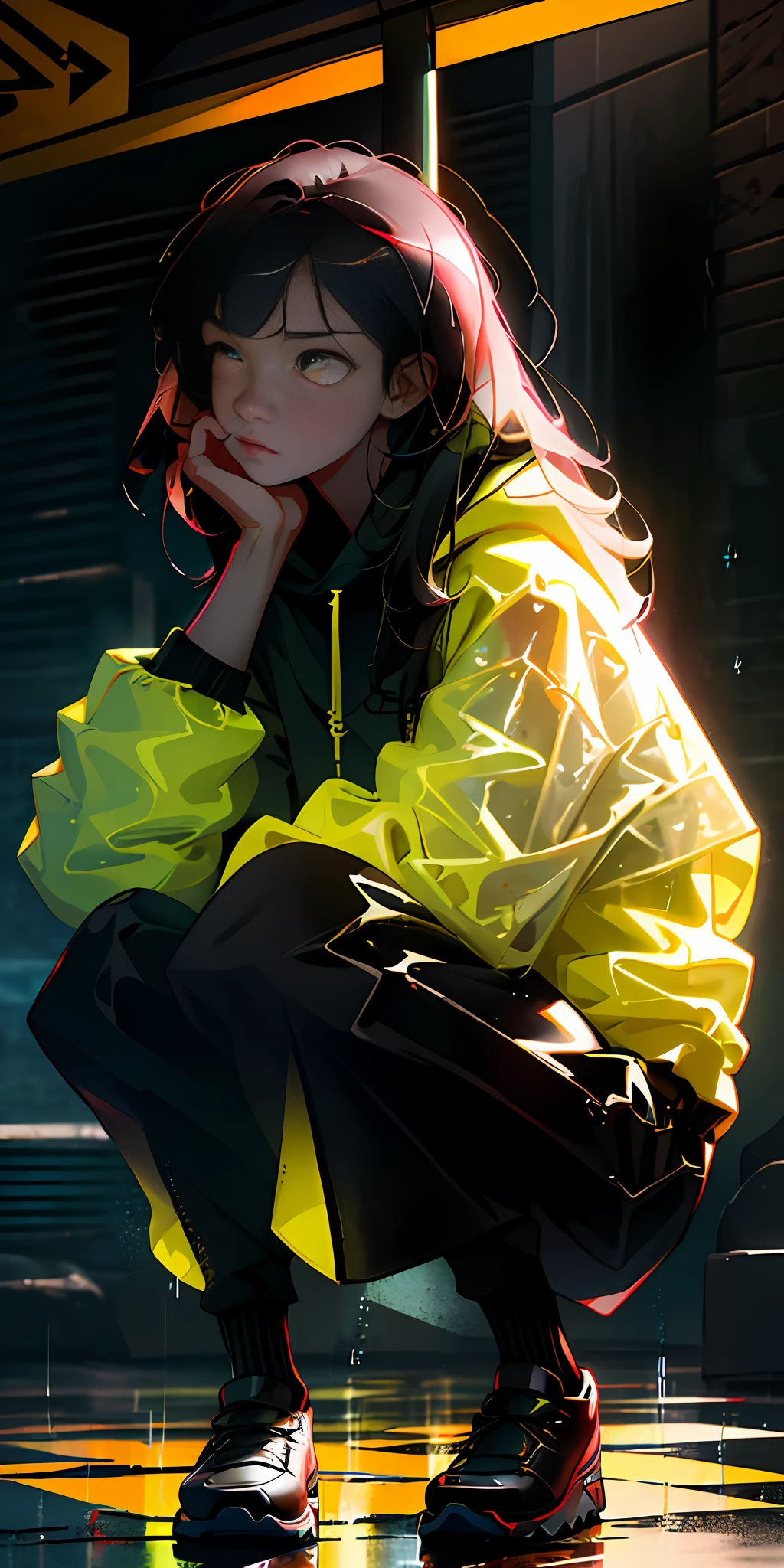 1 girl, square, yellow eyes, circles under the eyes, tired look, squatting on an abandoned street, black hoodie, black pants, black shoes, rain, downpour, dark colors, side view, best quality, 4k