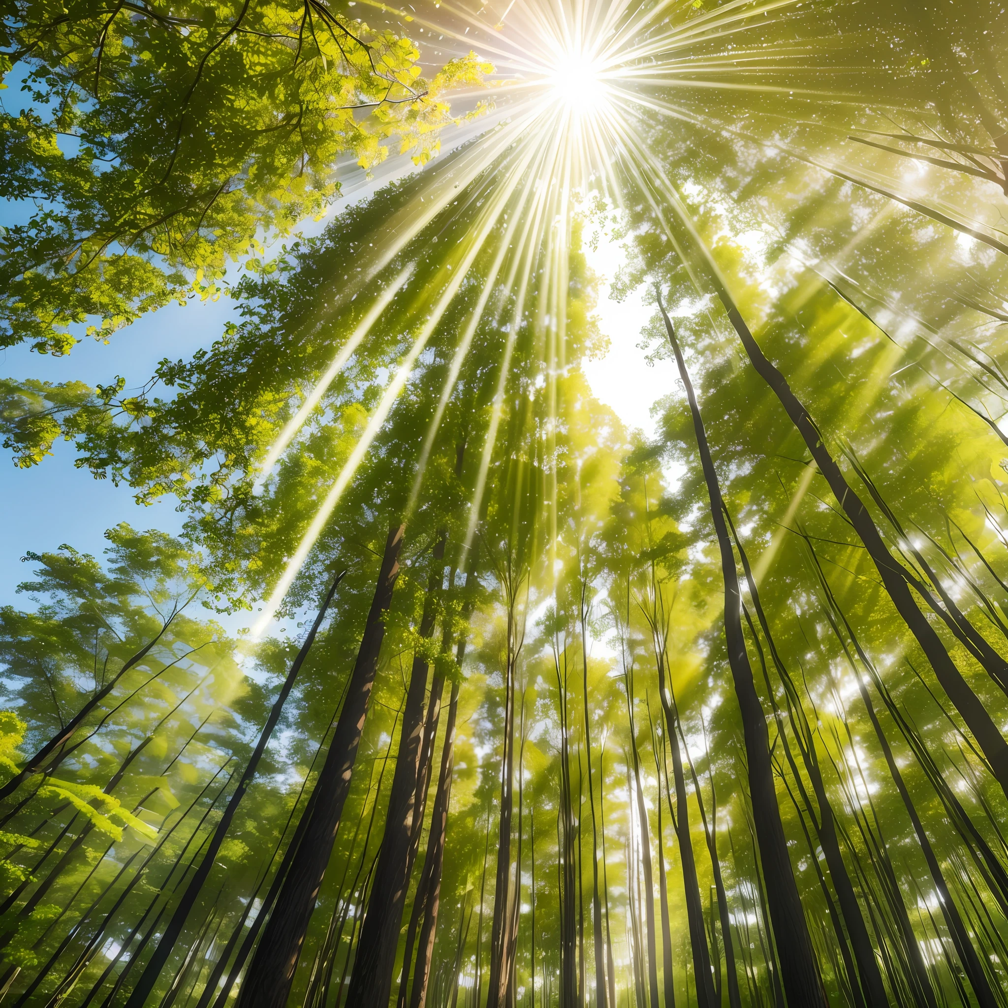 Riachuelo between trees with leaves of different colors. The rays of the sun passing between the trees. Photorealistic style, 8k, detailed, hyperdetailed, high quality