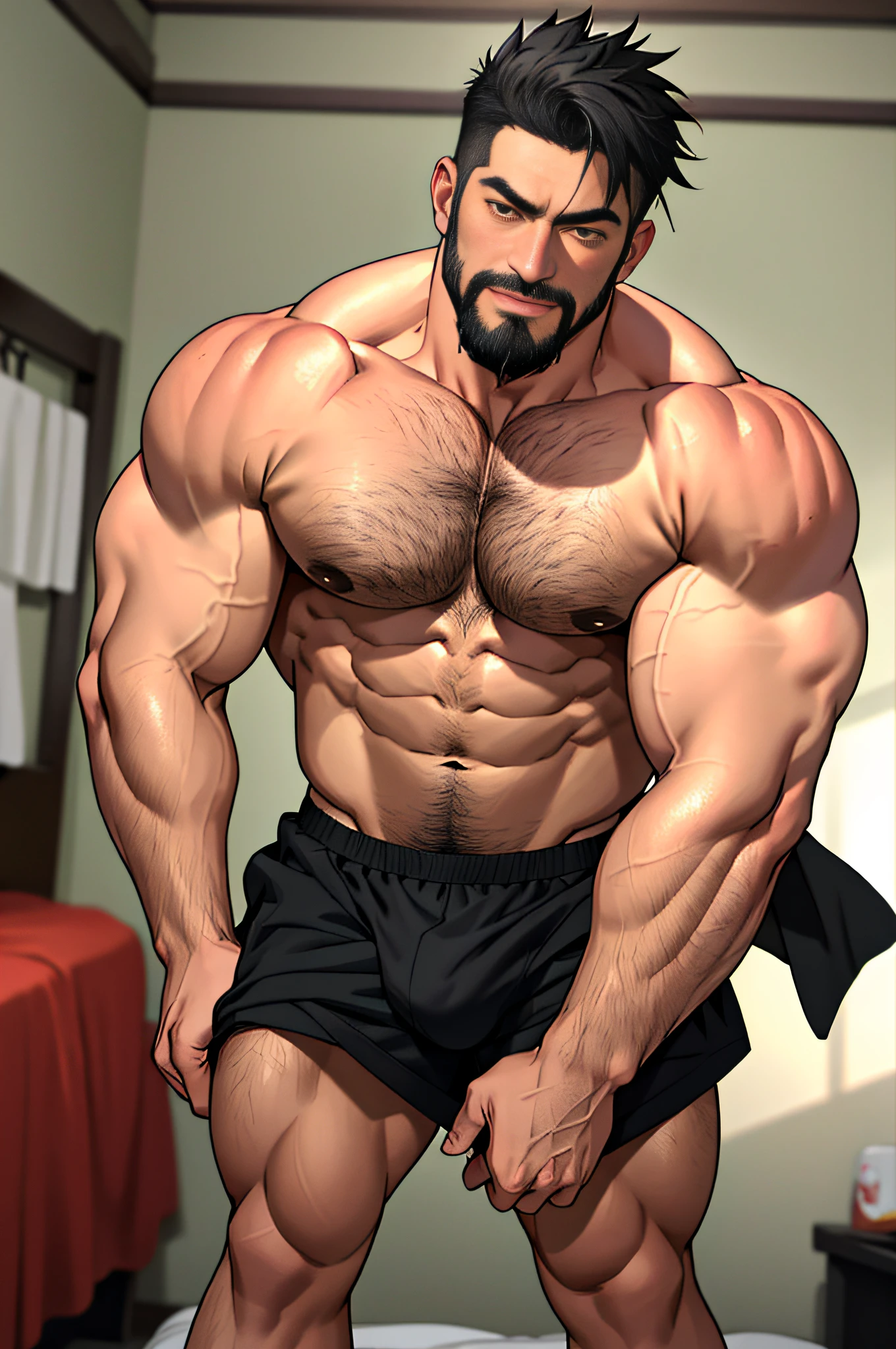 Mature man, best qualities, japanese, husband, dad, energetic, only black panties, white socks, bad bad, masterpiece, super high resolution, detailed background, reality, illustration, single, 1 boy, muscle man, beard, bedroom of single man, muscles, facial hair, volumetric lighting, depth of field, wheezing, raised crotch, handsome movements, big dynamics