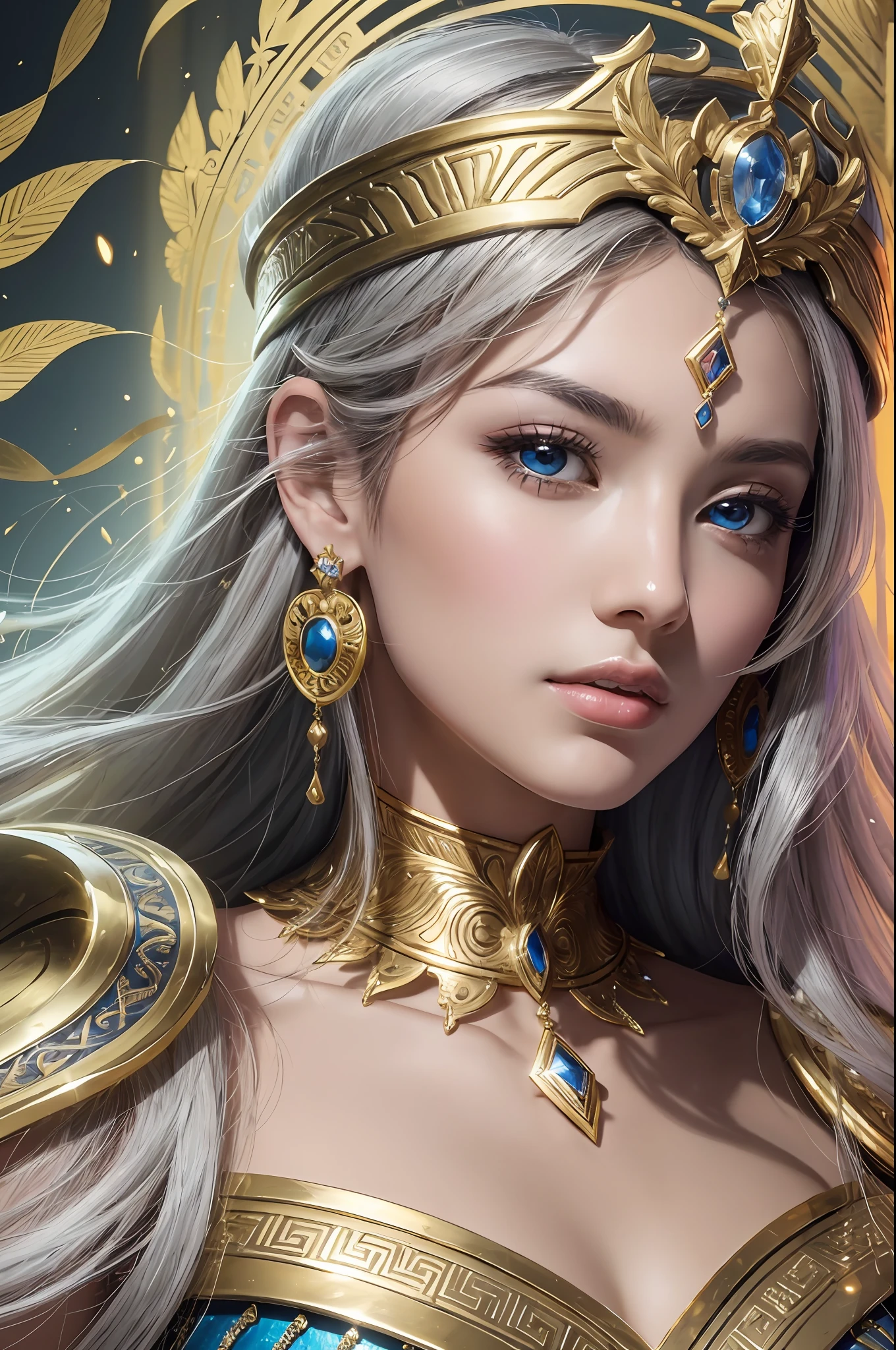 Absurd, ultra-detailed, high quality, masterpiece, detailed face, beautiful eyes, Athena, the goddess of wisdom and warfare, possesses a beauty that emanates strength, grace, and wisdom. eyes are piercing and sharp, shimmering with an intense brilliance that reflects her keen intellect and strategic mind. They hold a depth of wisdom and a hint of mystery. face is a vision of serene determination, with high cheekbones and a perfectly sculpted jawline that reflect her inner strength. Her skin, smooth and radiant, carries a warm and noble glow that symbolizes her divine nature. Athena’s hair, often described as a flowing cascade of shimmering strands, can range in color from the softest silver to a lustrous, deep chestnut with a golden crown.