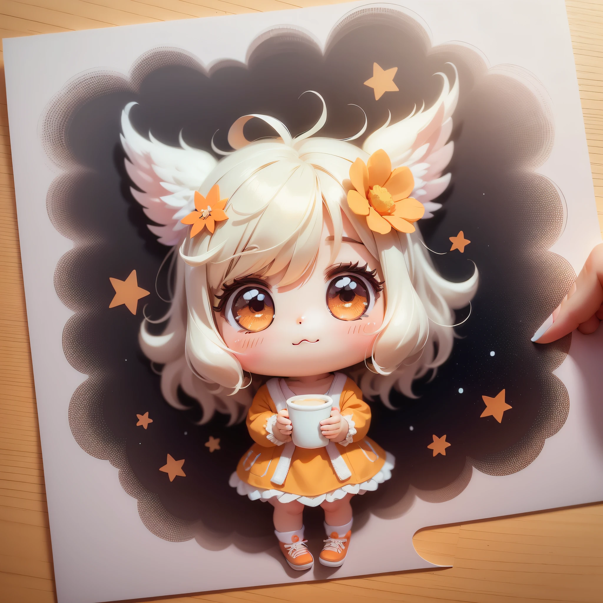 A sticker of a vivid cute chibi adorable fluffy quirky charming girl, vibrant white and orange floral pastel tetradic colors, soft lighting, 3D vector art, cartoon style, hand-drawn, digital painting, simple space backdrop, flat white background, bird's-eye view, focused on the character, 4K resolution,