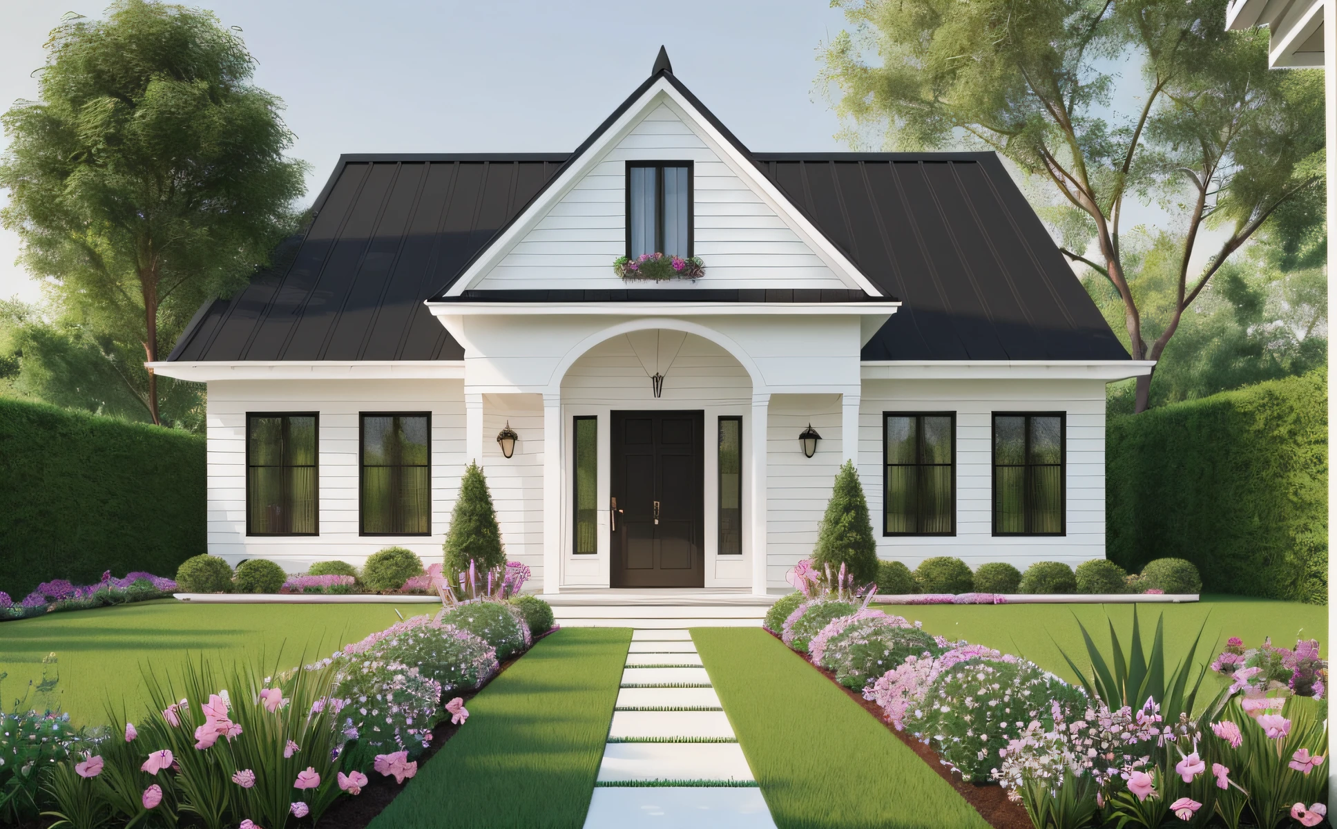 There is a white villa, American classic style, black roof and black pointed roof, with a small garden in front of the door, planted with flowers and grass.