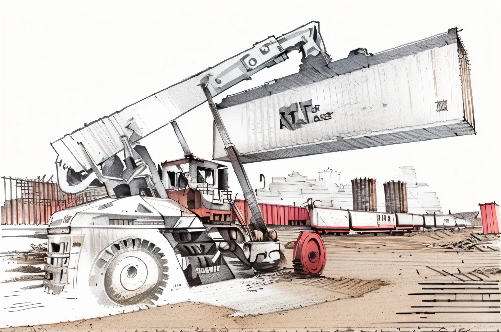 linear, gray, white background, simple background, sketch, sketch, pen_sketch_style, there is a large bulldozer that is parked in front of the train, heavy machinery, sand piled in the corners, large shovel, mining scrap metal, gravel, stone quarry location, hard work, massive construction machines, gray, dark blue, red, black