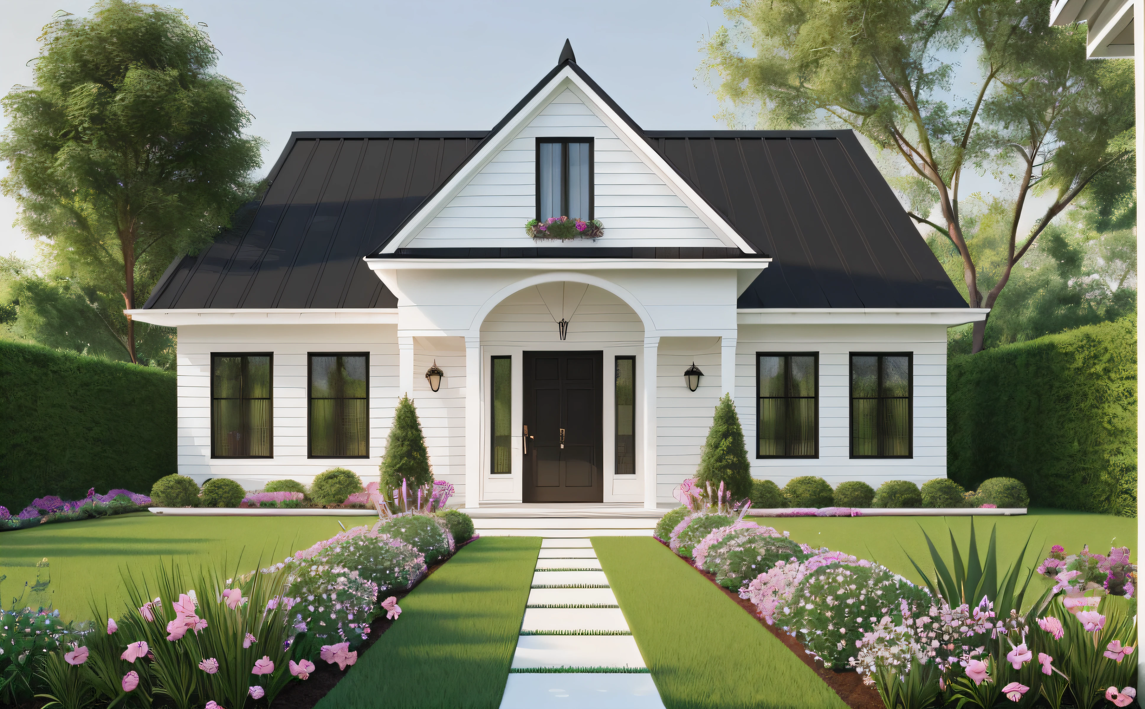 There is a white villa, American classic style, black roof and black pointed roof, with a small garden in front of the door, planted with flowers and grass.