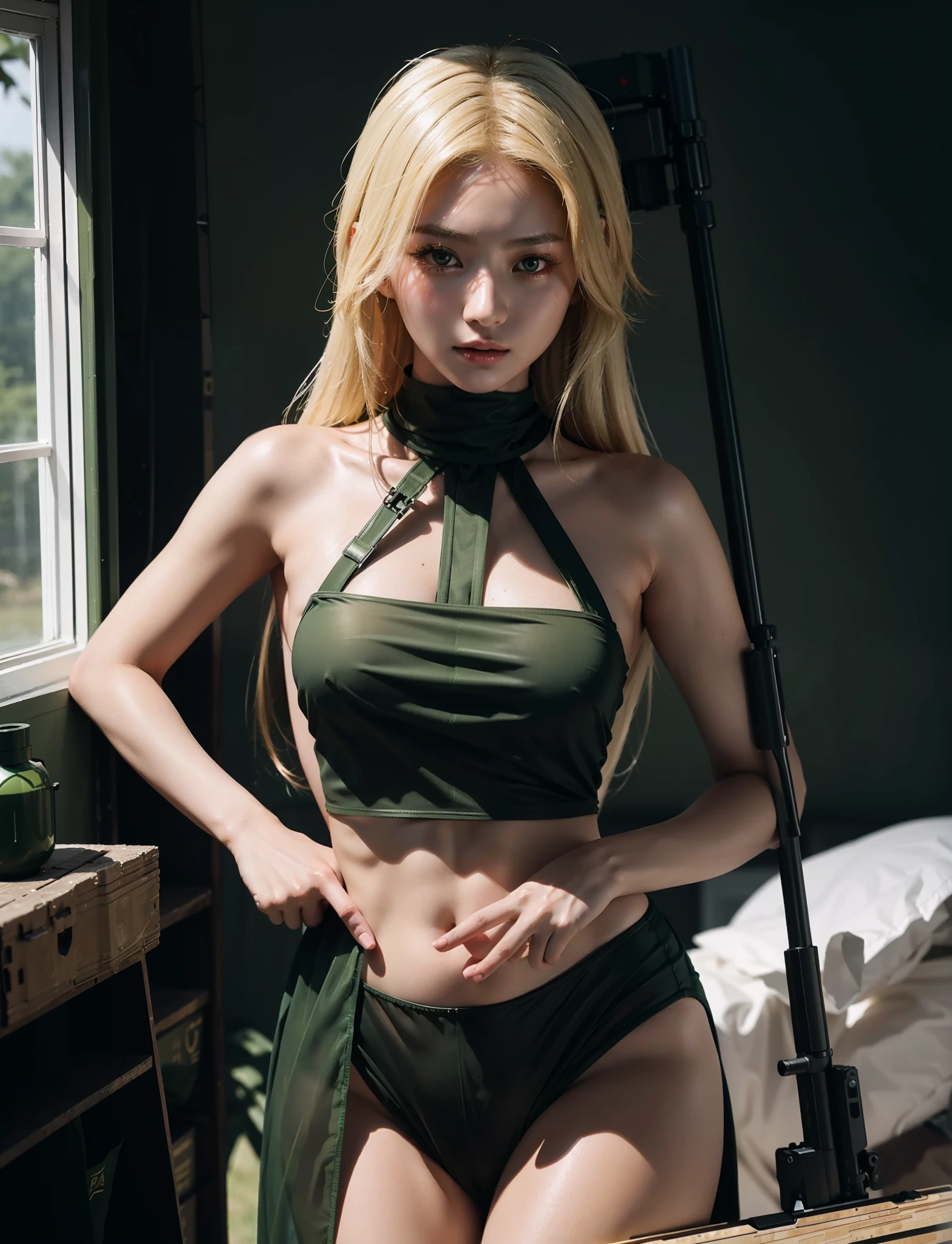 blond woman in a green transparent top and black transparent stockings holding a sniper rifle, mechanized soldier naked topless girl, soldier girl, cosplay,  military girl, korean supermodel, captured on canon eos r 6, infantry girl