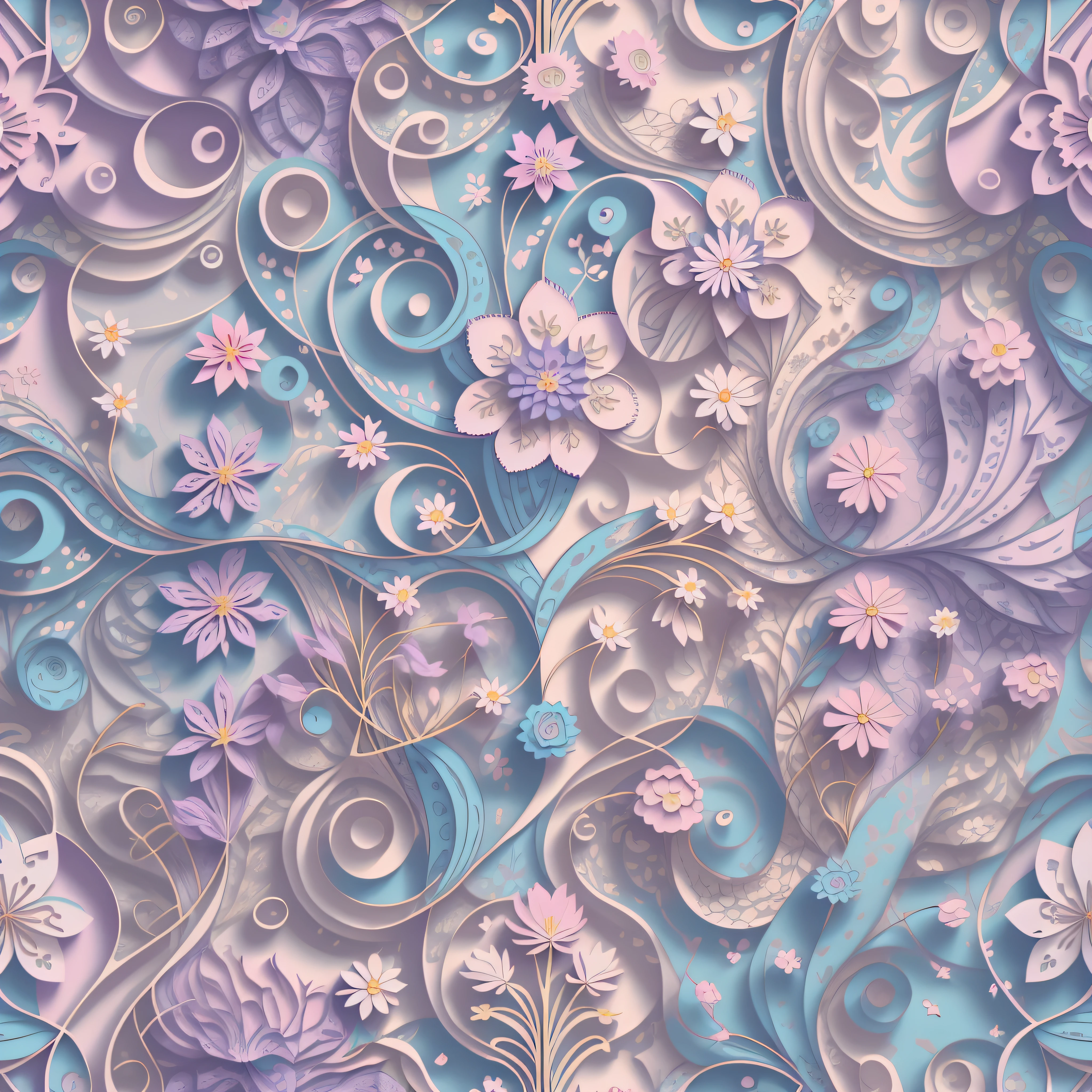 Flat style wallpaper, vector style floral vine pattern with pastel color tones including old pink, pastel blue, light blue, beige, soft purple, soft yellow and white without obvious shadows.