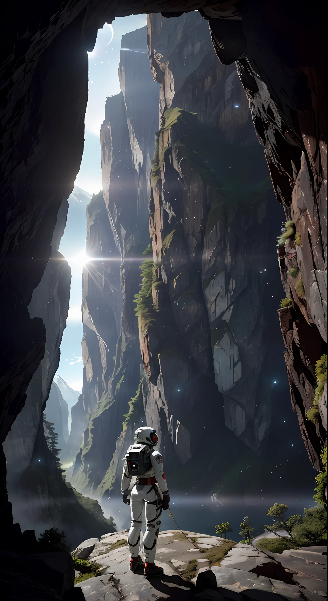 (35mmstyle:1.2), highly detailed RAW color photo, back corner, full body, (female space marine, wearing white and red spacesuit, futuristic helmet, tinned mask, rebreather, prominent loot), outdoors, (standing on a cliff tall Rocky Mountains, looking out at the magical lush green rainforest on an alien planet), vivid details, (exotic alien planet), toned body, big ass, (sci-fi), (Mountains: 1.1), (Lush green vegetation), (Two Moon in the sky: 0.8), (Very detailed, Ultra-detailed, Complex), (Lens flare: 0.7), (Halo: 0.7), Particle effects, ray tracing, cinematic lighting, shallow depth of field, Shot on Sony a9 II, 35mm wide-angle lens, clear focus, motion picture film, from Gravity 2013, seen from behind, dynamic angle