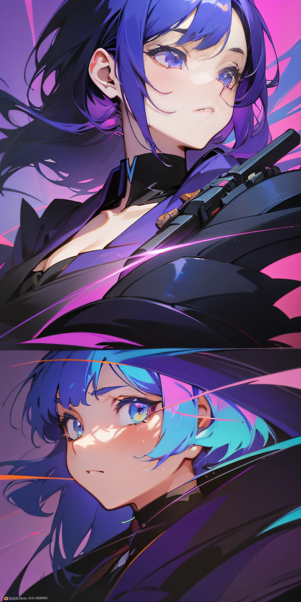 Anime characters holding guns, dark purple and dark black style, Japanese prints, color animation stills, jagged edges, 1990s, 32K UHD, very detailed, colorful details, (rainbow colors: 1.2), (glow lighting, atmospheric lighting), dream background, magical, (solo: 1.2), mechanical realism --niji 5 --s 180