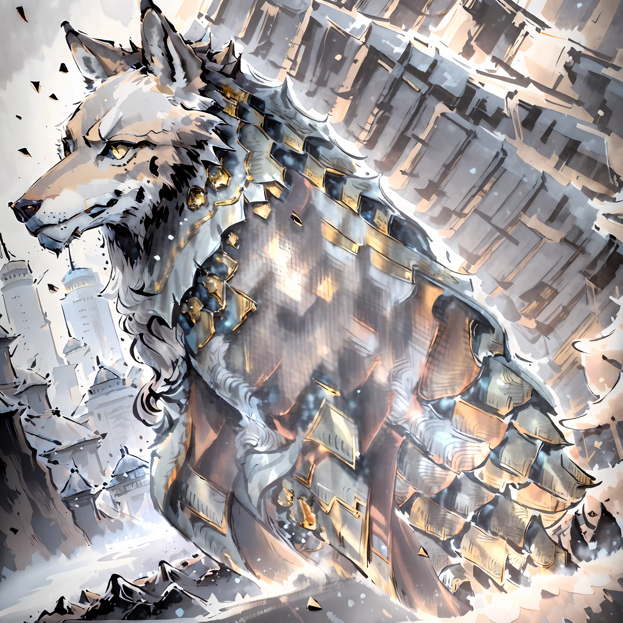 Stunning wolf surrounded by golden armor, masterpiece, best quality, ultra-detailed, dynamic angle, floating, wide shot, (1wolf), relatively dark light, waterfall and background blurry, subtle frost, magnificent scale, moonlight effect.