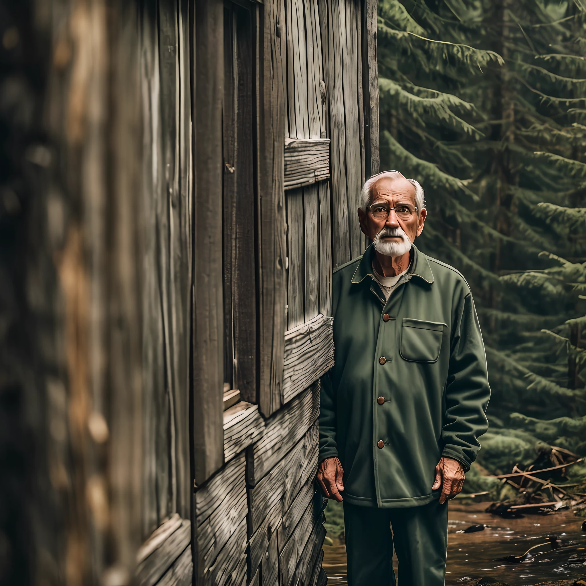 Imagine a tired and sad looking 70-year-old man in old clothes standing in front of an old cabin e of wood in a dense forest. Cold and rain, depressing scenery, cold light, featured on man and hut, ultra detailed, photography, 8k, cinematic --auto --s2
