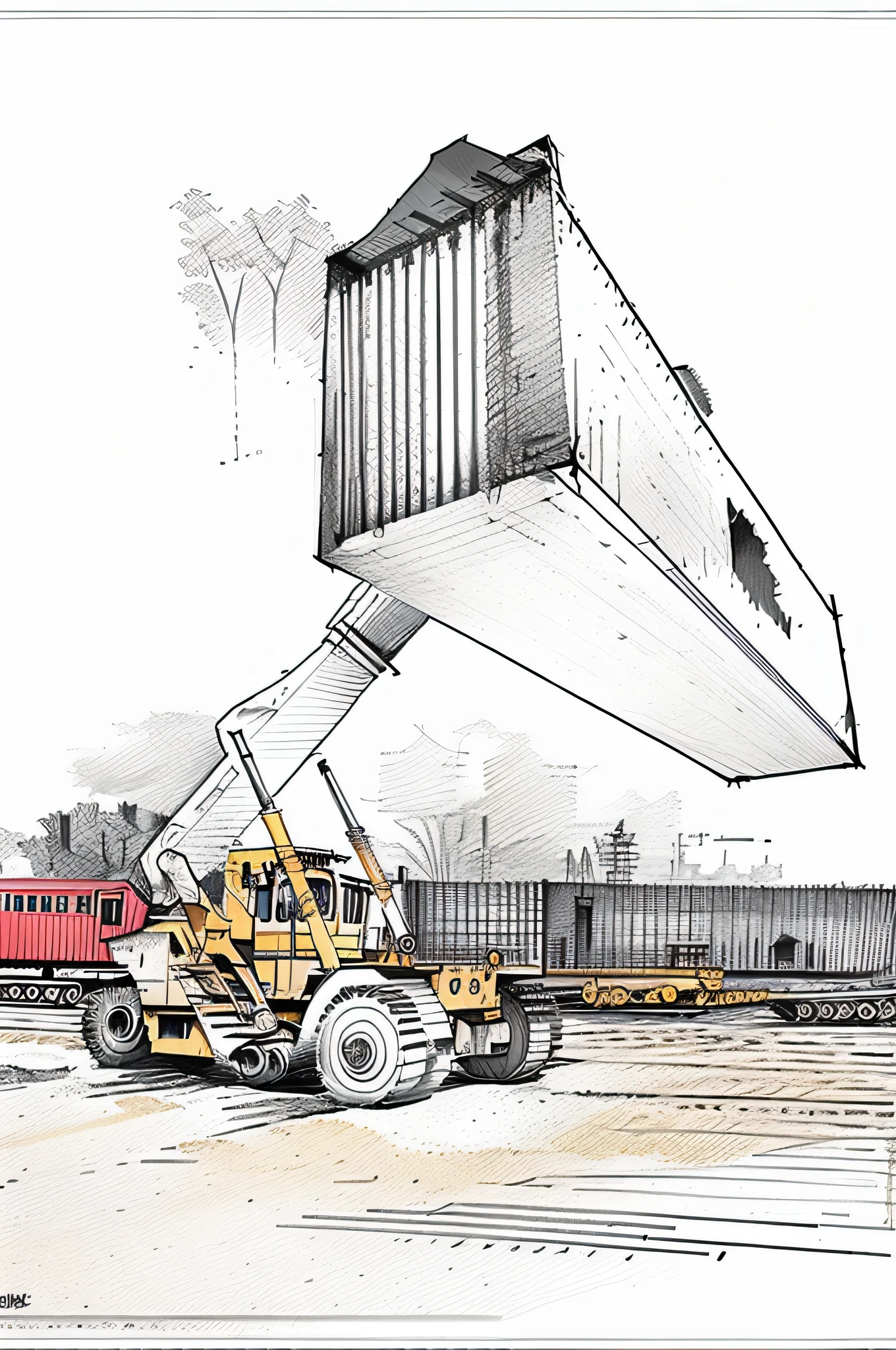linear, gray, white background, simple background, sketch, sketch, pen_sketch_style, there is a large bulldozer that is parked in front of the train, heavy machinery, sand piled in the corners, large shovel, mining scrap metal, gravel, stone quarry location, hard work, massive construction machines, gray, dark blue, red, black