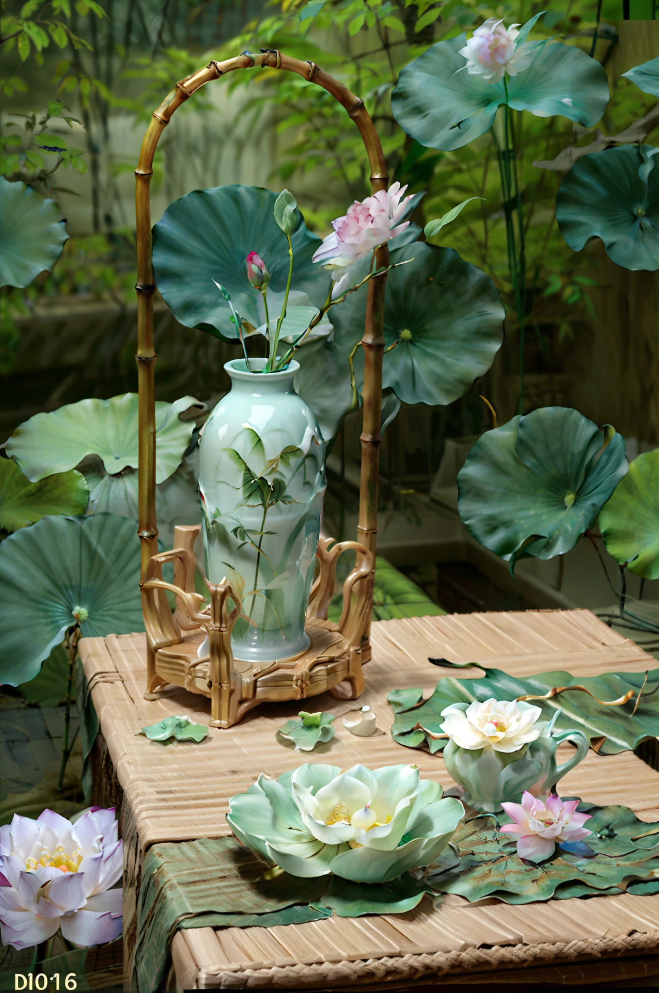 There is a small table with a vase with bamboo inserted in the vase, celadon glaze, a DSLR camera photo with bamboo leaves on the table, lotus, celadon glaze, a photo taken with a Nikon D 7 5 0, a photo taken with a Nikon D750, porcelain, a photo taken with a Sony A7R, in the afternoon, a bamboo leaf on the table, a tea ceremony scene --auto --s2