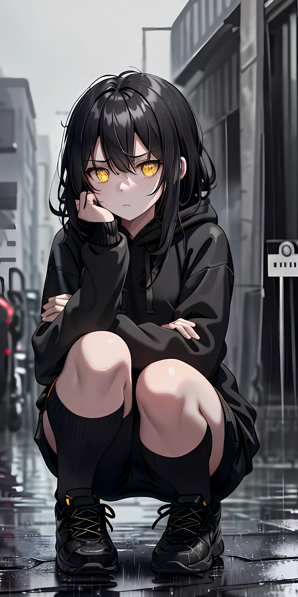 1 girl, square, yellow eyes, circles under the eyes, tired look, squatting on an abandoned street, black hoodie, black pants, black shoes, rain, downpour, dark colors, side view