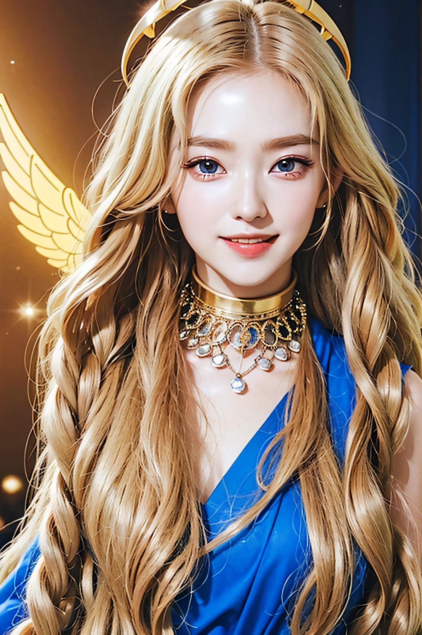 Golden armor, long blonde hair, golden pupils, golden light background, golden transparent wings, smiling, two dots on the forehead, one blue and one red, flashing notes around, maiden