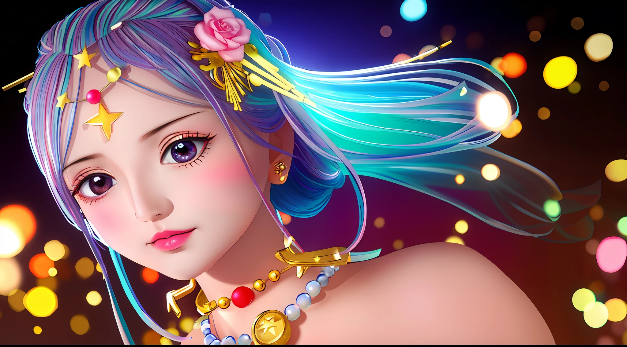 best quality, masterpiece, highres, 1girl,blush,(seductive smile:0.8),star-shaped pupils,china hanfu,hair ornament,necklace, jewelry,Beautiful face,upon_body, tyndall effect,photorealistic, dark studio, rim lighting, two tone lighting,(high detailed skin:1.2), 8k uhd, dslr, soft lighting, high quality, volumetric lighting, candid, Photograph, high resolution, 4k, 8k, Bokeh