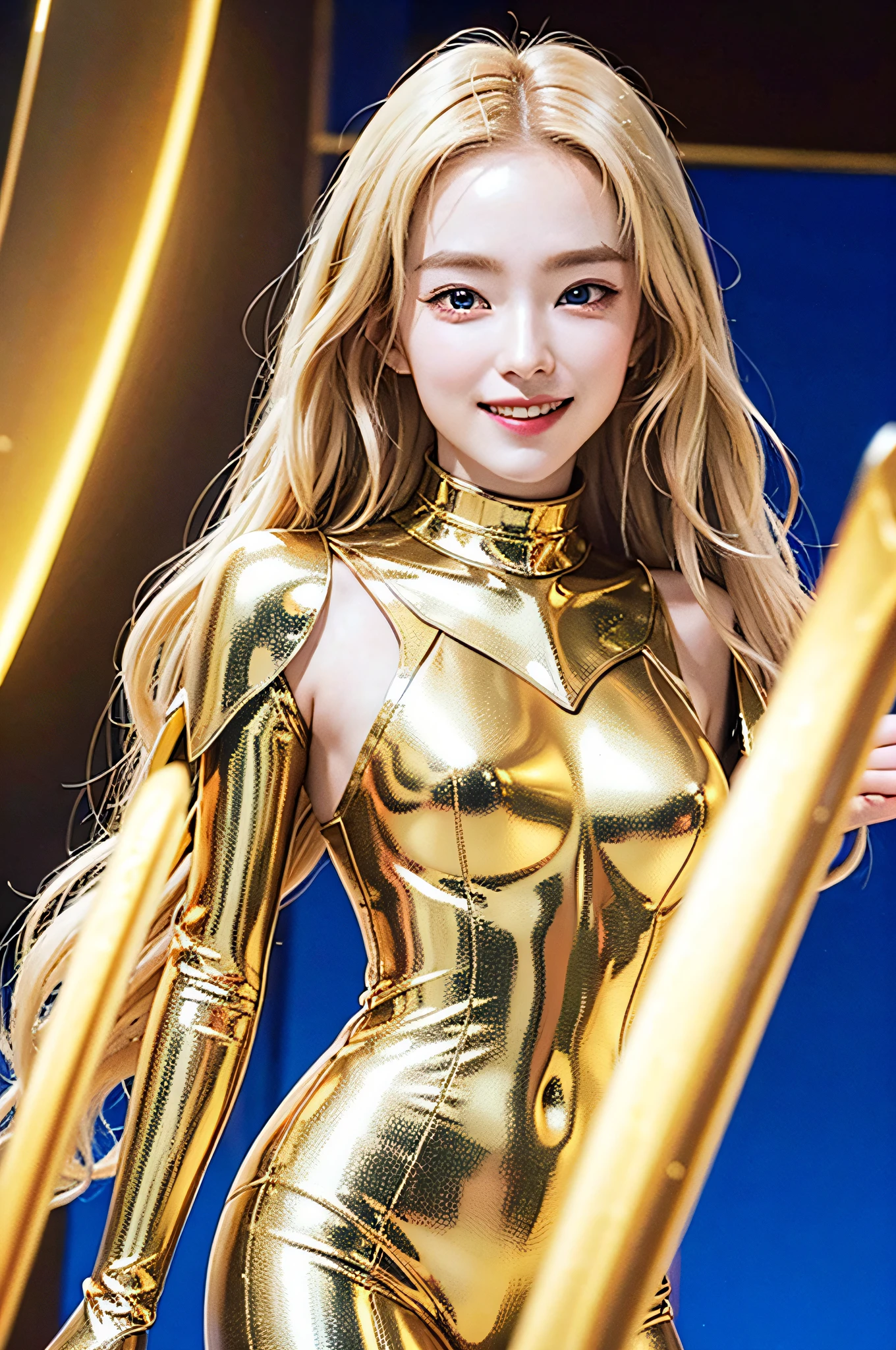 Golden armor, long blonde hair, golden pupils, golden light background, golden transparent wings, smiling, two dots on the forehead, one blue and one red, flashing notes around, maiden