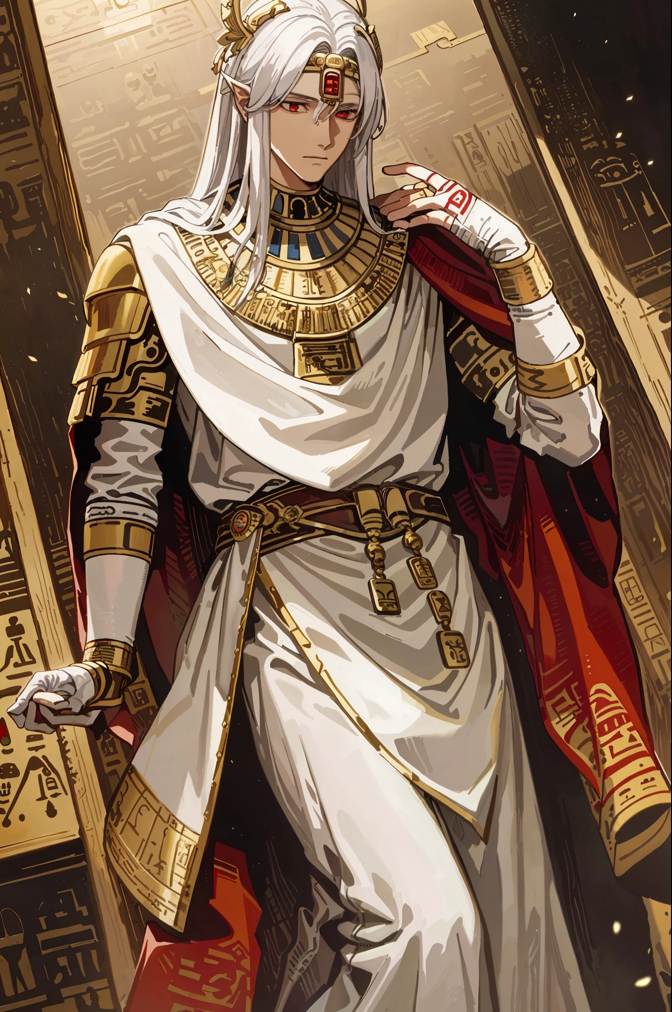 Masterpiece, Best Quality, Film Stills, Realistic, (Masterpiece, Top Quality, Best Quality, Official Art,), Very Detailed, Most Detailed, (1boy:1.3), Deity, White Hair, (Glowing Red Eyes), Mysterious, Handsome Man, ((Egyptian Style)), Gold Ornaments, Bandages, Pharaoh, White Robe, Gold Scat in Hand, Pectoral Muscles, Loincloth