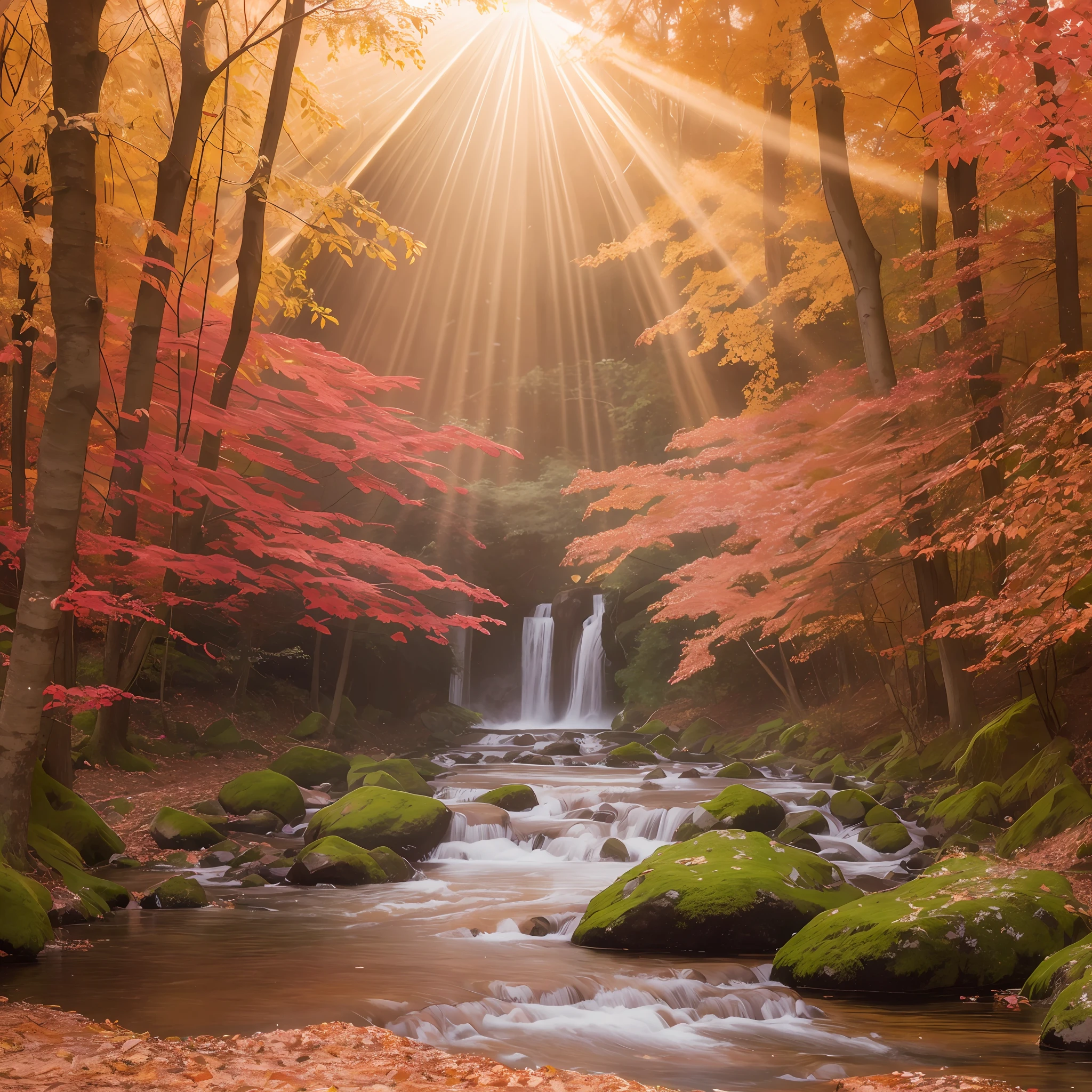 (Stream) passing between trees with (leaves of different reddish tones.) The rays of the sun passing between the trees. Photorealistic style, 8k, detailed, hyperdetailed, high quality