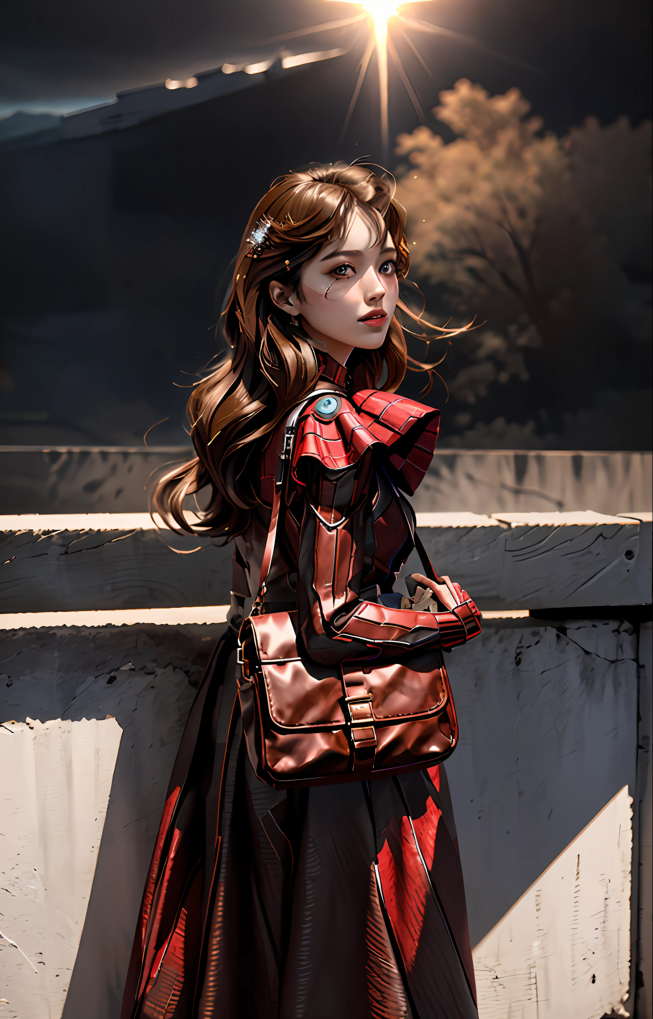 __body-parts__, official art, unified 8k wallpaper, super detailed, beautiful and aesthetic, beautiful, masterpiece, best quality, RAW, masterpiece, super fine photo,, best quality, super high resolution, photorealistic photorealism, sunlight, full body portrait, amazing beauty, a woman standing on a bridge with a brown purse, shoulder-length brown hair, delicate face, she is wearing a Spider-Man suit, red and black color scheme,