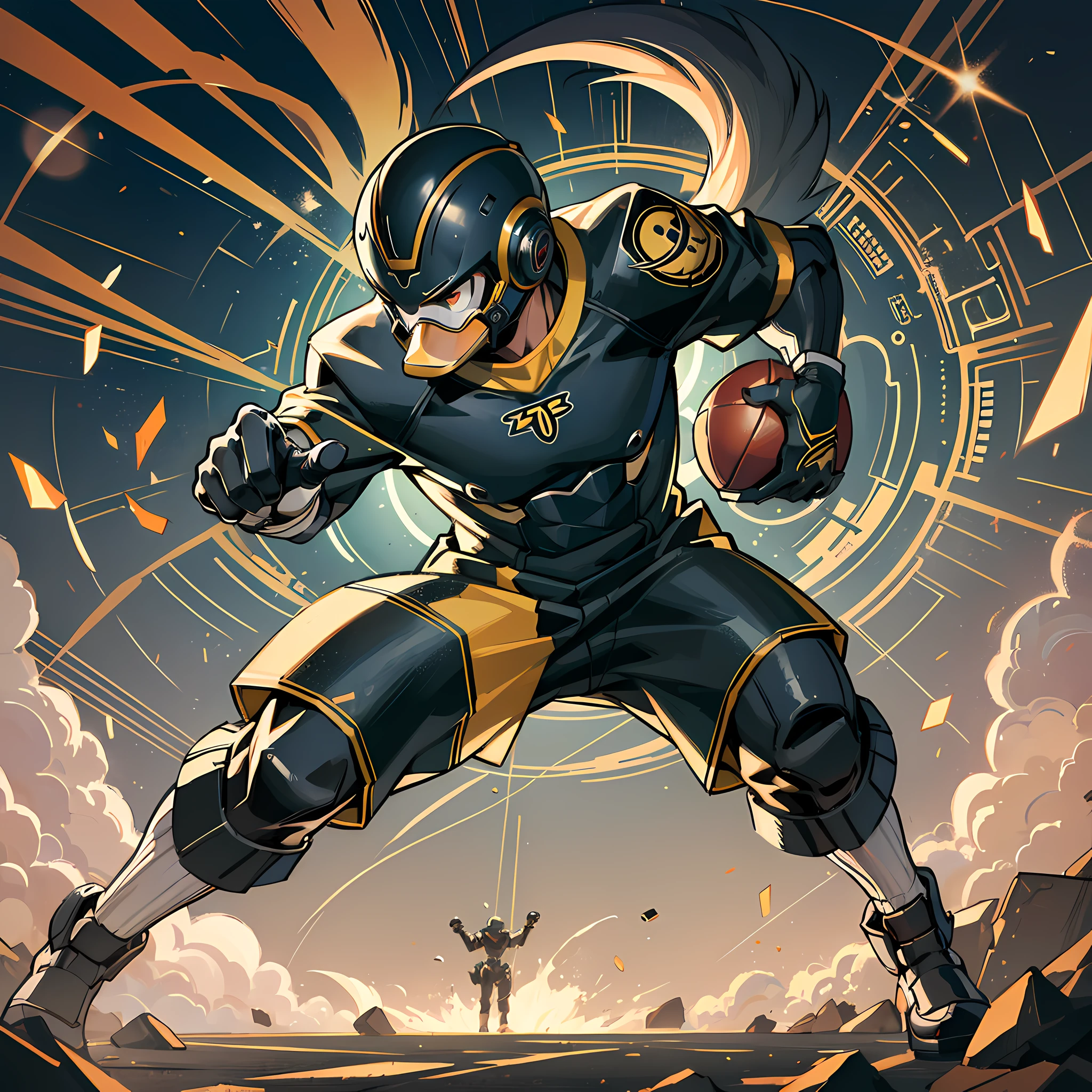 "Mechanical duck, fighting posture, playing football, technical details surrounded by metal, bright lights, dark background"