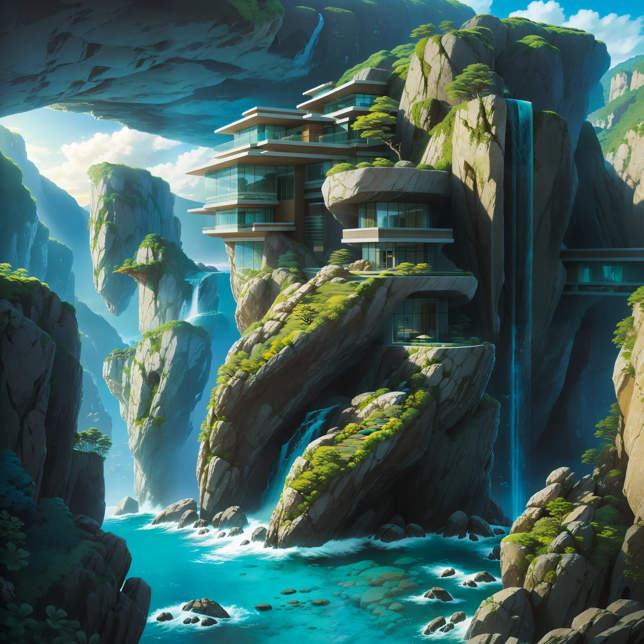a modern futuristic design large cliff House's with a artificial waterfall and a pool in the middle, nature meets architecture, built around blue ocean, realistic beehive architecture, organic architecture, very close to real nature, breathtaking render, island with cave, stunning architecture, luxury architecture, realistic fantasy render, by Zha Shibiao, epic and stunning, architectural visualization, epic architecture, concept art. 8 k