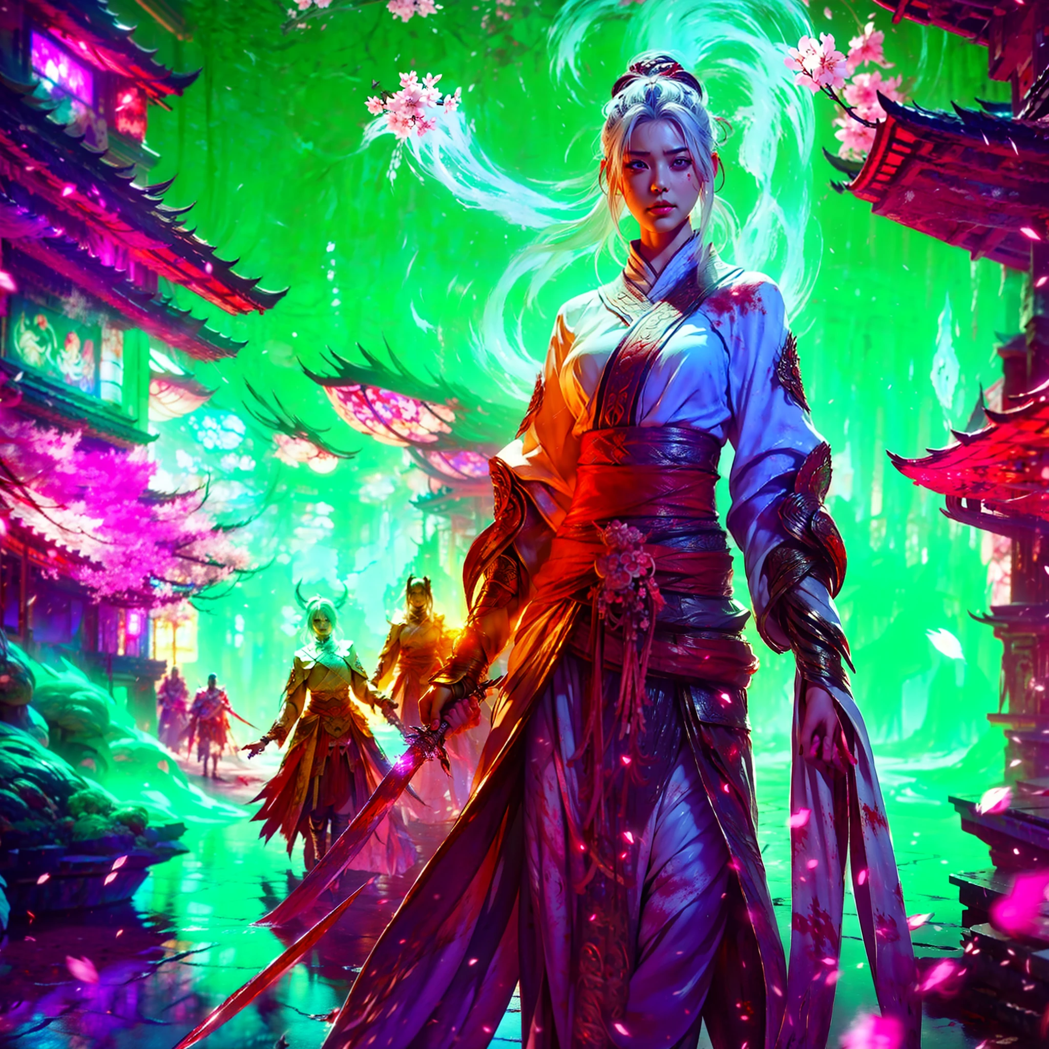 A charming banshee, with her back to the camera, flowing white hair, blood-red cherry blossoms falling, holding a blood-stained blade in her hand, 8k, cinematic lighting, fierce eyes, anger
